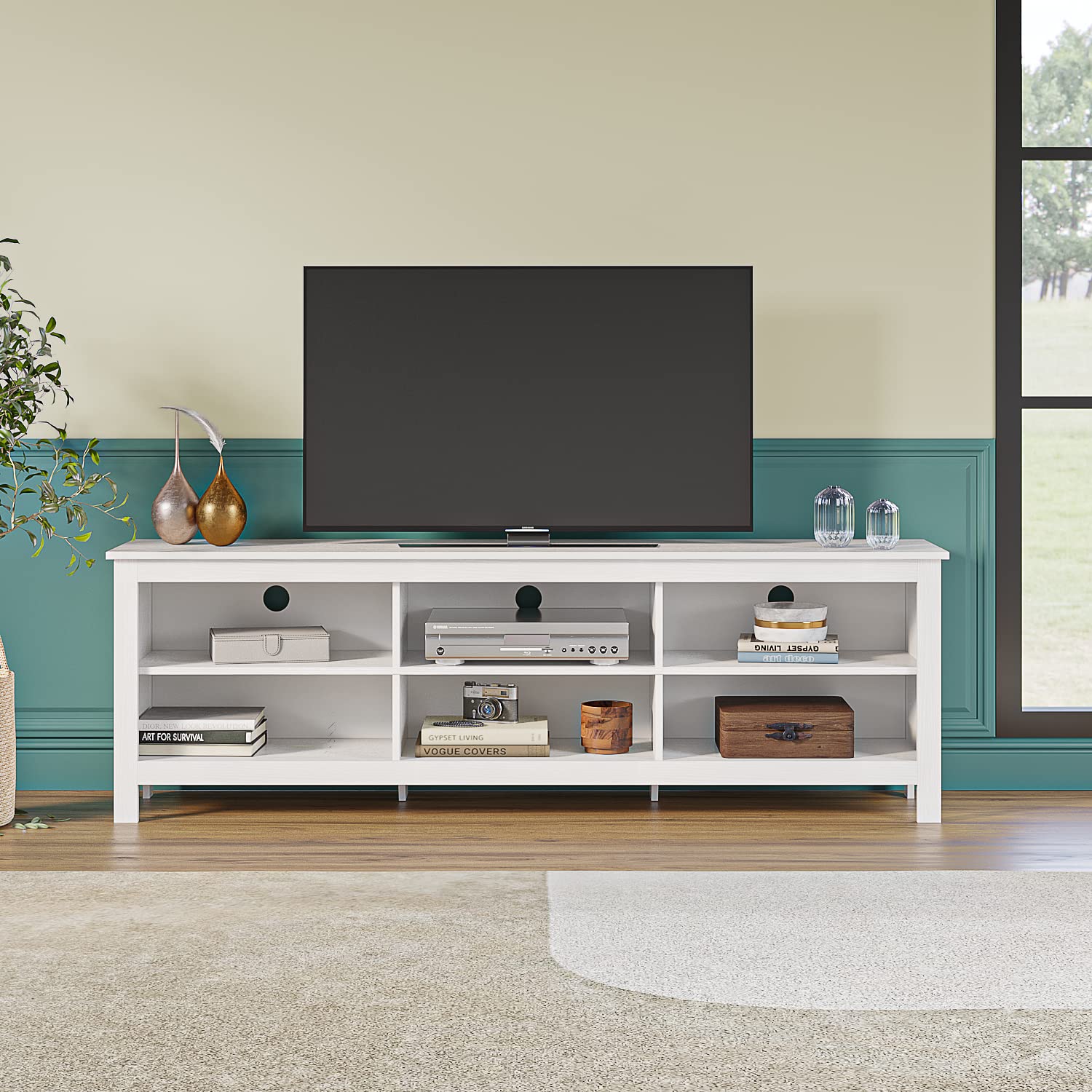 75 Inch TV Stand with 6 Storage Cubby - Modern Entertainment Center Media Console for Living Room & Bedroom - White TV Table for Flat Screen TVs (Perfect for Movie Nights & Family Gatherings)
