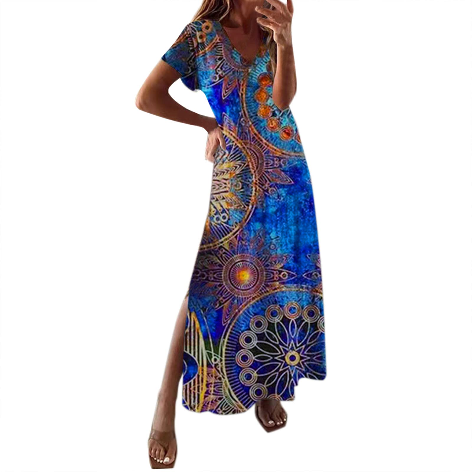 Women's Floral Print Casual Summer Dress - Loose Fit Short Sleeve Long Dress with Side Slit for Beach, Vacation & Everyday Wear