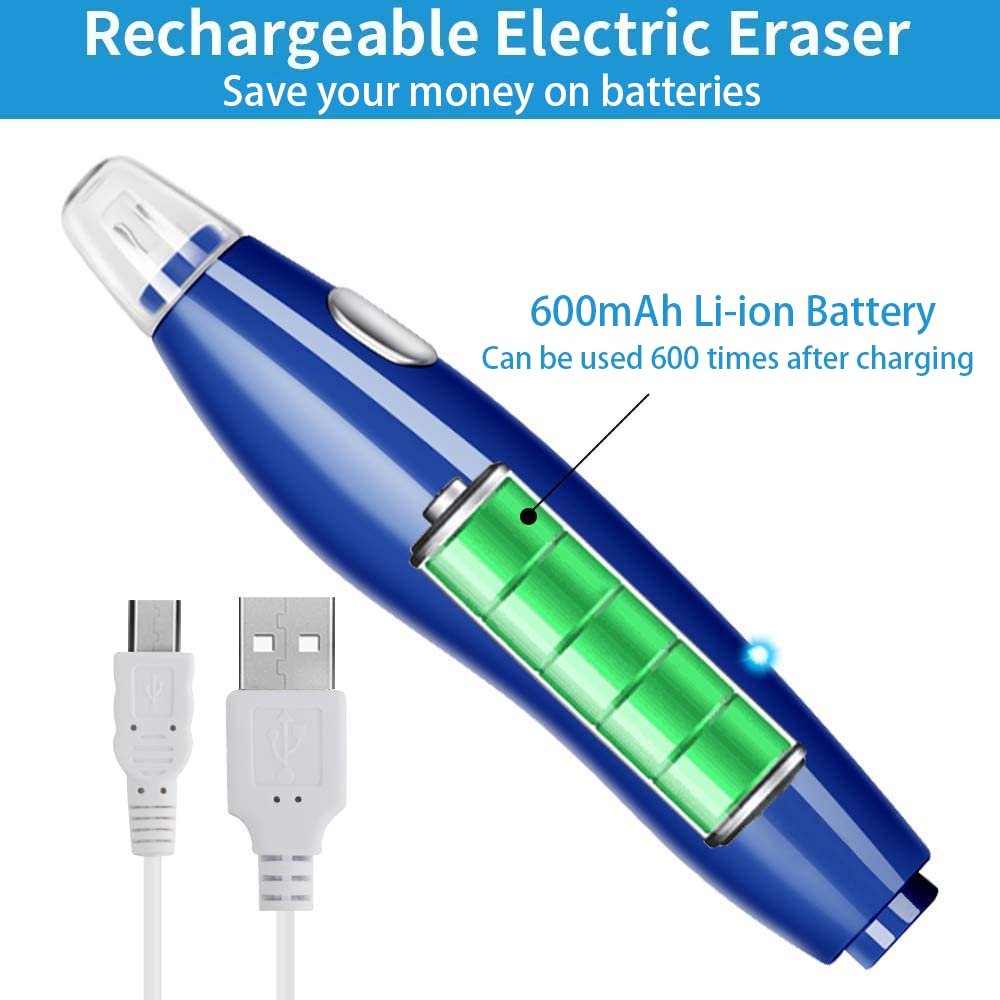 Rechargeable Electric Eraser with 140 Refills - Professional Detail Eraser Tool for Artists, Drafting, Drawing & Sketching | Perfect for Architectural Plans, Painting & Precision Work (Blue)