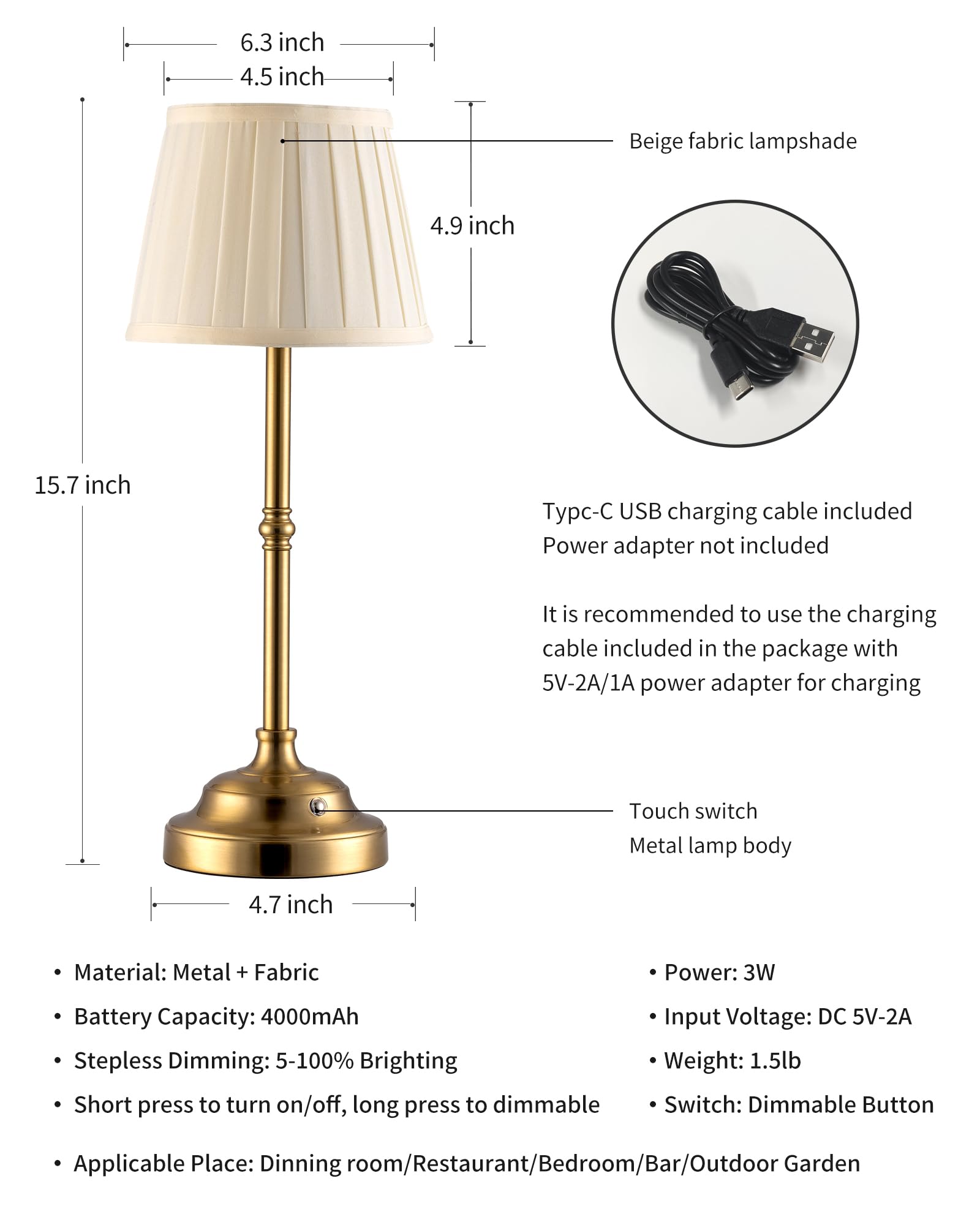 KDG Cordless Rechargeable Table Lamp with Fabric Shade - 4000mAh Battery Powered Dimmable Desk Light for Bedroom, Office, Study, Nightstand, Dining Room & Outdoor Camping | Portable LED Night Light for Home Decor & Emergency Use (Bronze)