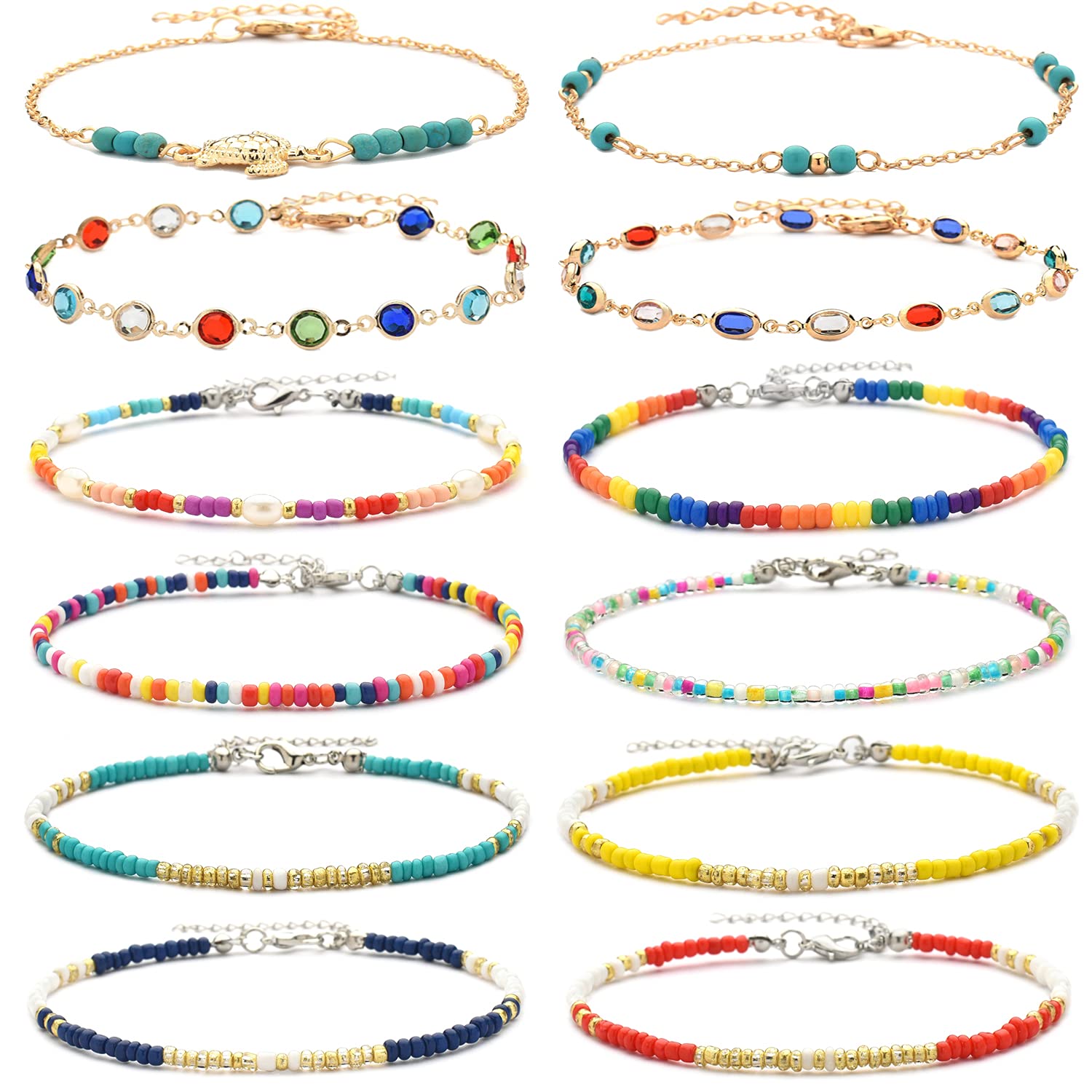 XIJIN 8Pcs Handmade Beaded Anklets for Women & Girls - Boho Colorful Beads Adjustable Ankle Bracelets Set - Perfect for Summer, Beach, Festival & Boho Fashion Accessories