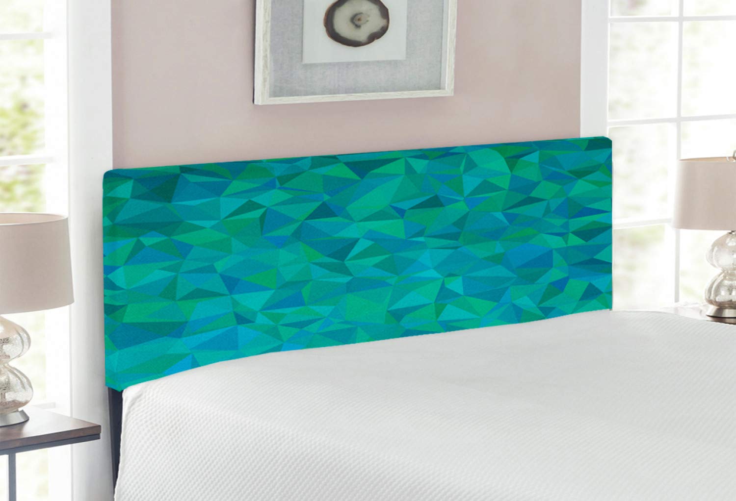 Ambesonne Teal Upholstered Headboard - Abstract Irregular Triangle Mosaic Design, Modern Geometric Art Pattern, Memory Foam Padding, Full Size Bed Frame in Green Navy - Perfect for Contemporary Bedrooms & Guest Rooms