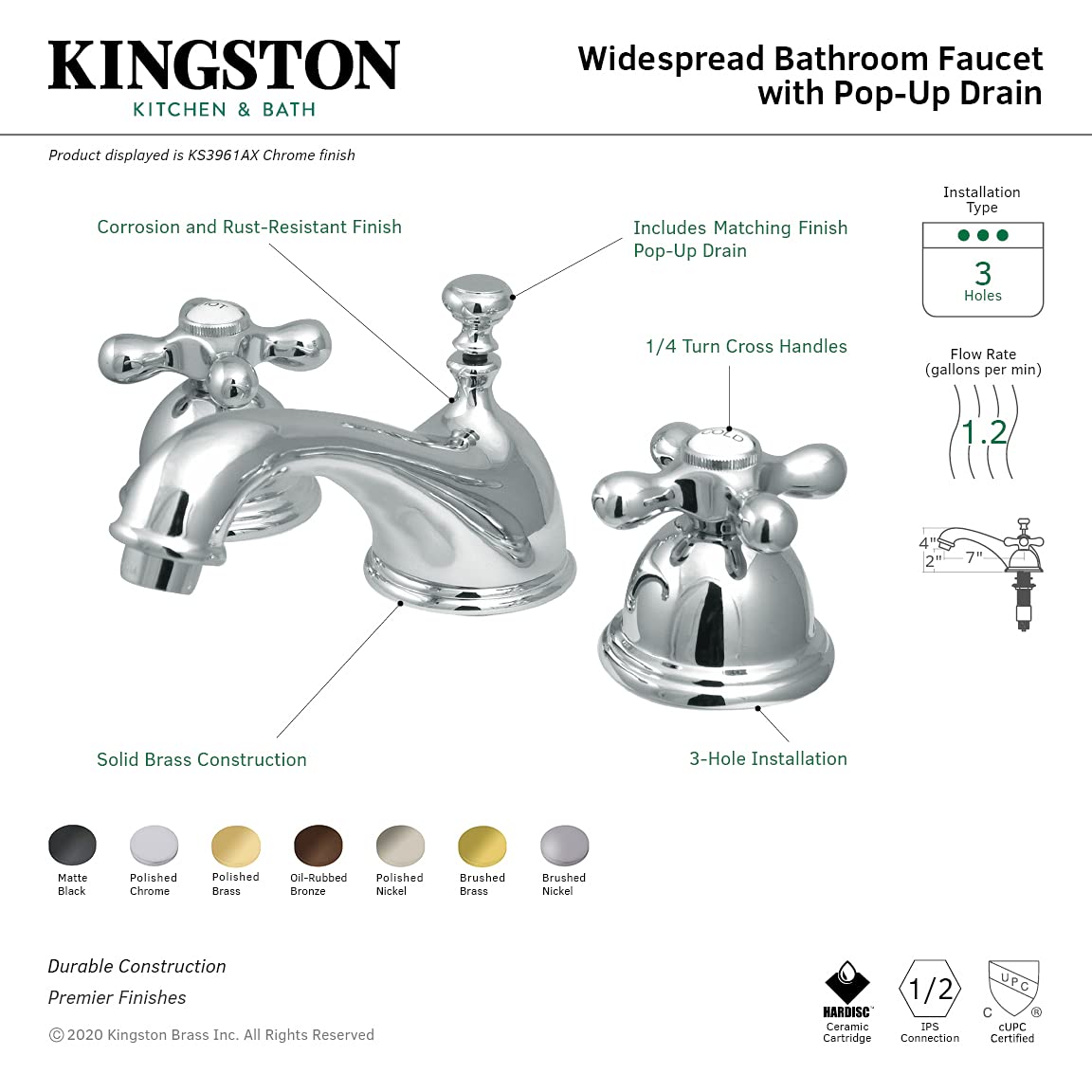 Kingston Brass KS3965AX 8-Inch Oil Rubbed Bronze Widespread Bathroom Faucet with Metal Cross Handle - Adjustable Center for Vanity Sink, Perfect for Modern and Vintage Bathroom Renovations