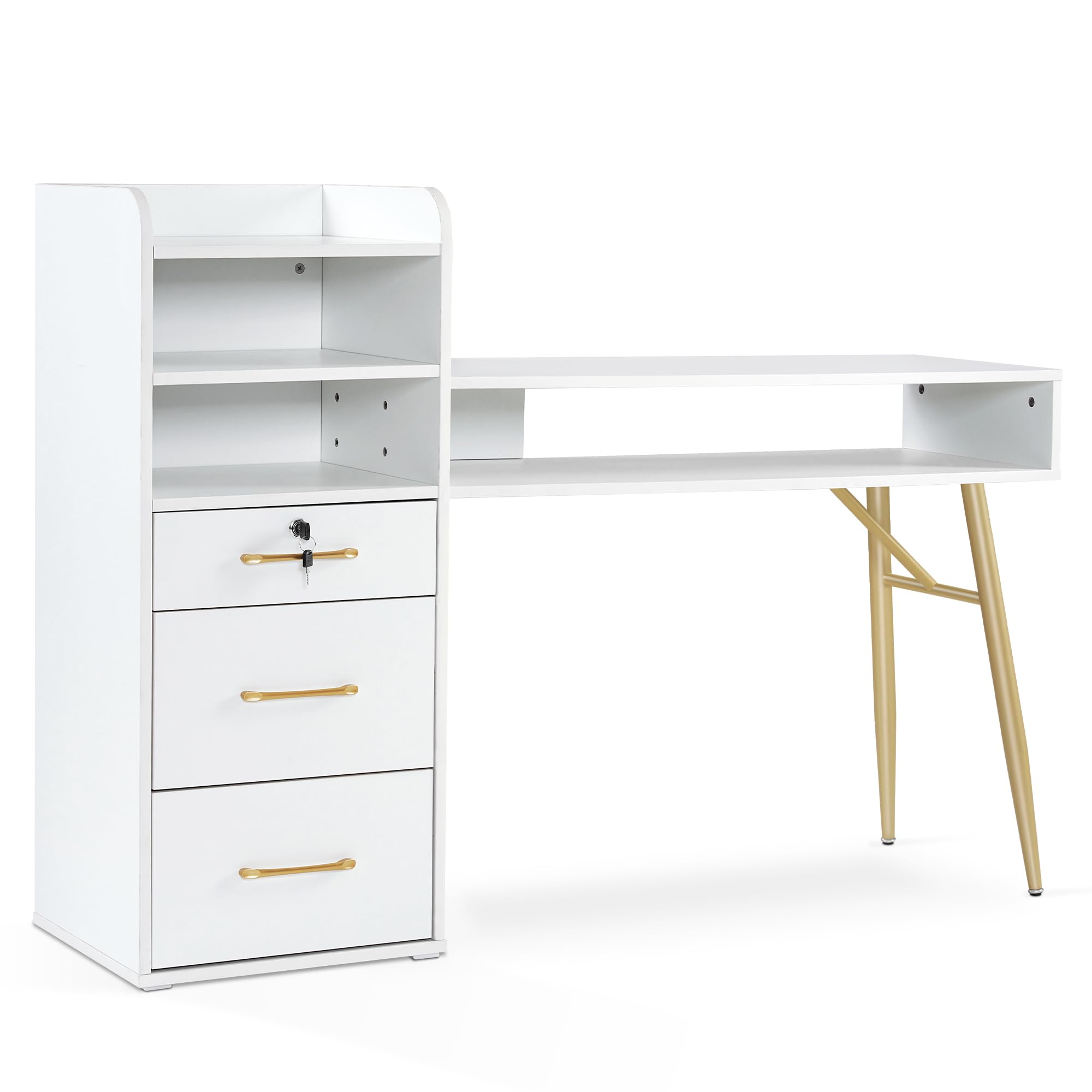 Professional BarberPub Manicure Table with 3 Drawers & 4 Shelves - Gold Handle Nail Tech Desk for Beauty Salon & Spa - White Nail Artist Workstation with Sturdy Legs - Perfect for Nail Art, Pedicures & Salon Equipment Organization DC2605