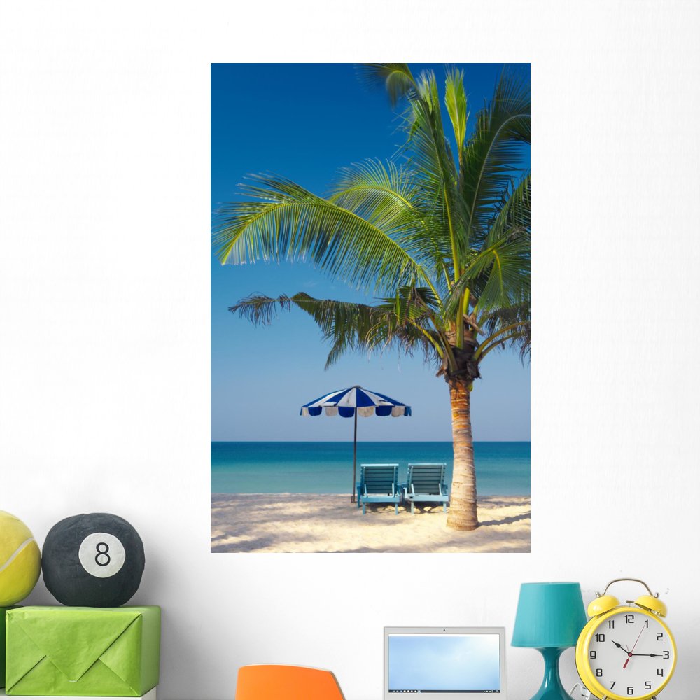 Wallmonkeys Peel and Stick Wall Mural - Tropical Palm Chairs & Umbrella Design (48