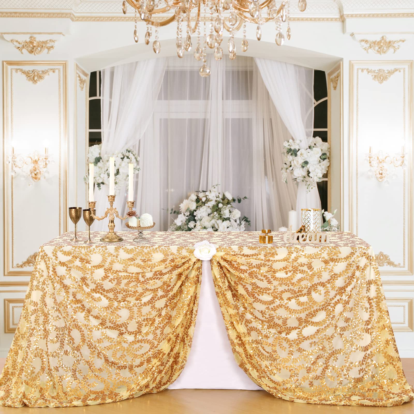 B-COOL Gold Glitter Sequin Tablecloth 90x156 Inch - Elegant Rectangular Table Cover for Weddings, Baby Showers, Birthdays, Banquets & Holiday Decorations - Perfect for Cake Tables, Party Decor & Special Events
