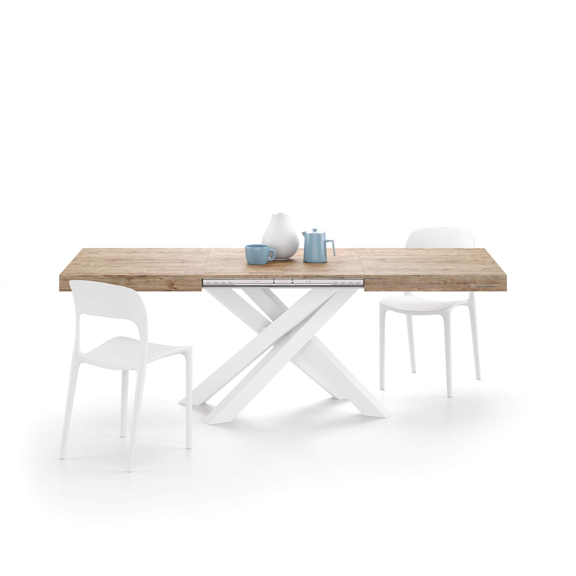 Emma 55.11 x 35.4 Inch Extendable Dining Table - Solid Oak with White Crossed Legs, Seats 6-10 People | Expandable Kitchen & Living Room Table | Italian Modern Furniture for Family Gatherings & Dinner Parties