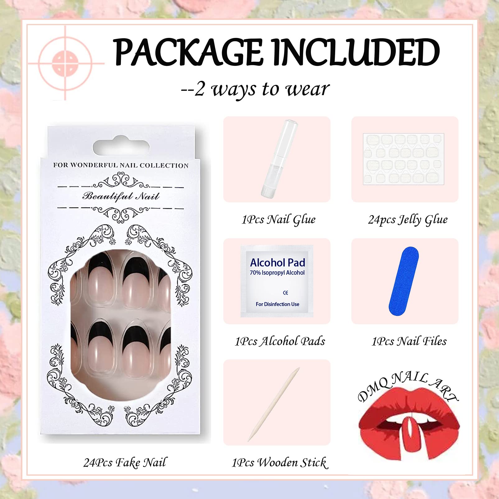 24Pcs Short Almond Fake Nails - Black French False Nails with Nail Glue, Oval Press on Nails for Women & Girls | Nude French Tips, Full Cover Stick on Nails for Daily Wear, Parties & Special Occasions