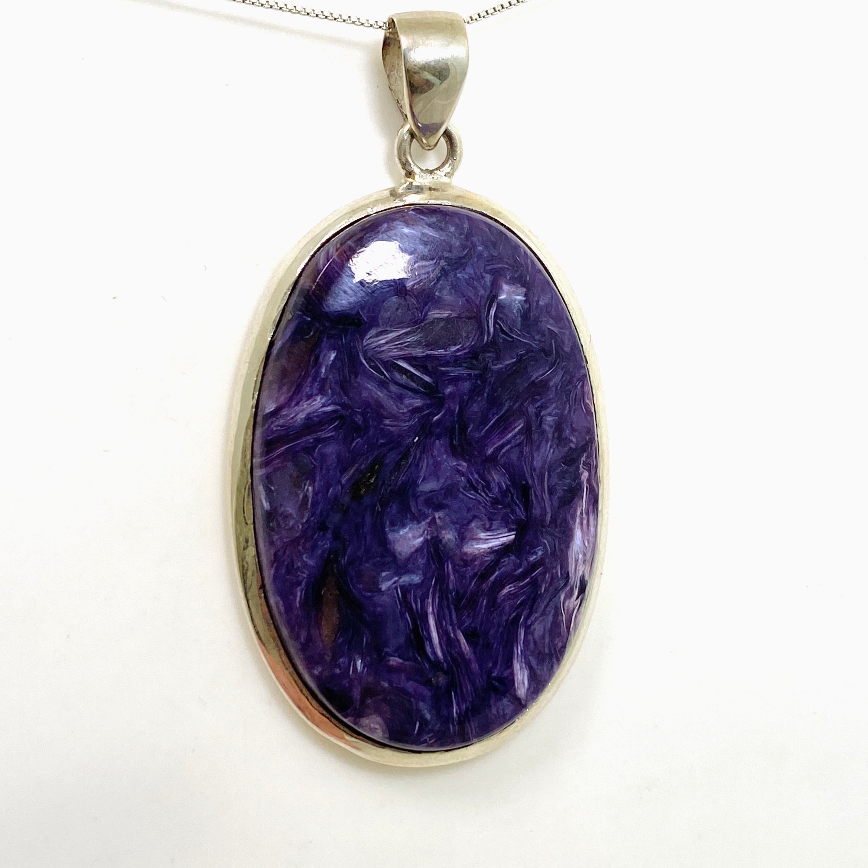 Natural Charoite Oval Cabochon Pendant - 925 Sterling Silver Jewelry for Women - Perfect for Meditation, Healing & Spiritual Gifts