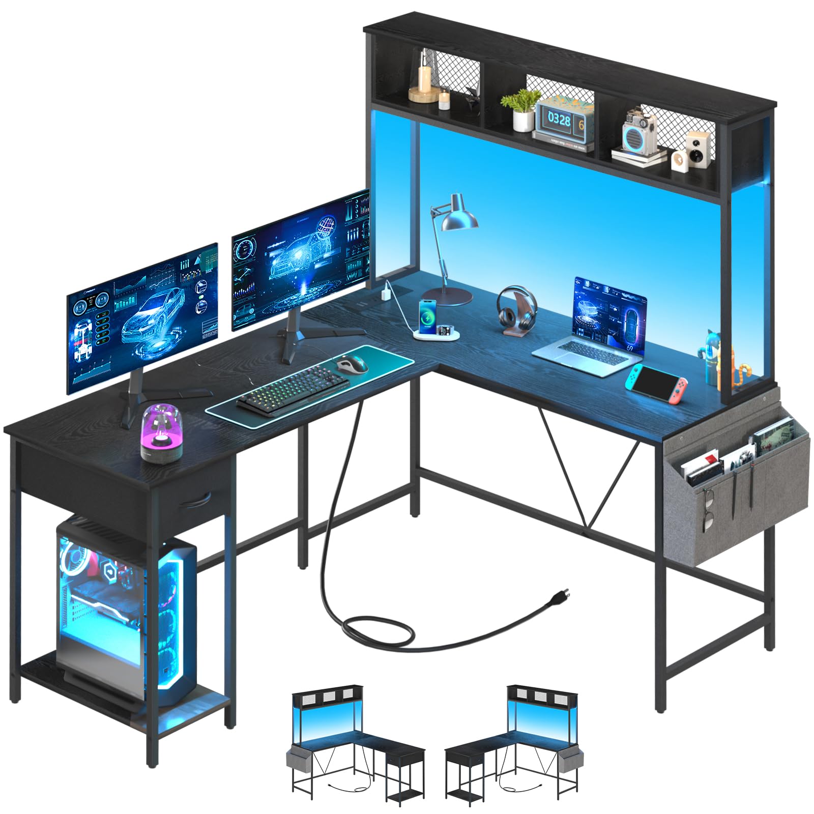 Yoobure L-Shaped Gaming Desk with LED Lights & Power Outlet - Reversible Computer Corner Desk with Storage Shelf, Drawer & Organizer Bag - Ergonomic Home Office Workstation for 2 People (Black) - Perfect for Small Spaces, Gaming Setups & Shared Workspaces