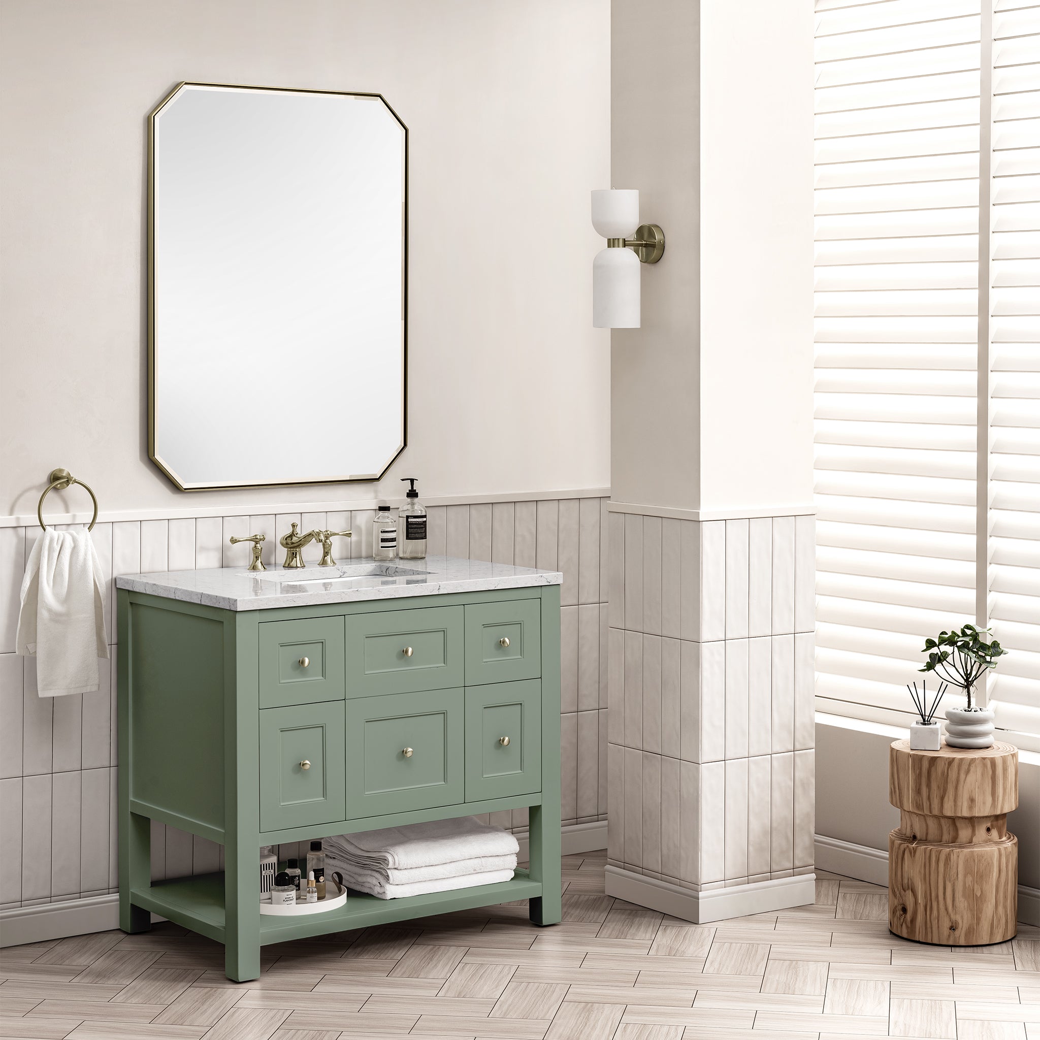 Breckenridge 36 Inch Single Bathroom Vanity with Smokey Celadon Finish & 3CM Eternal Jasmine Pearl Countertop - Perfect for Modern Master Bathrooms and Powder Rooms