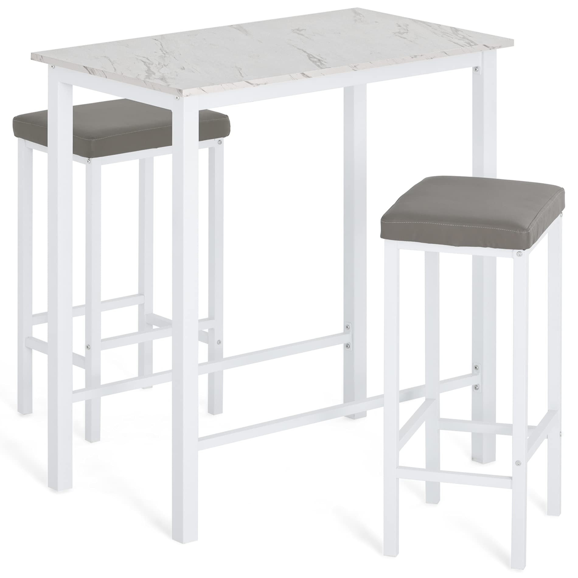 White Bar Height Dining Table Set for 2 - 3-Piece Pub Counter Height Kitchen Table with 2 Backless Cushioned Stools - Faux Marble Breakfast Nook for Small Spaces & Apartments - Perfect for Kitchen, Dining Room, or Breakfast Nook Decor