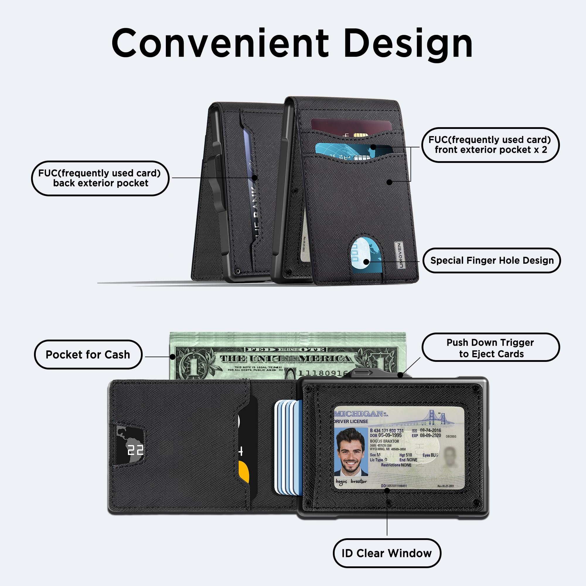 Umoven Men's Slim RFID Blocking Aluminum Wallet - Pop Up Case, Cash & Credit Card Slots, ID Window - Minimalist Leather Front Pocket Wallet (Gravel Black) - Perfect for Travel, Business & Everyday Carry