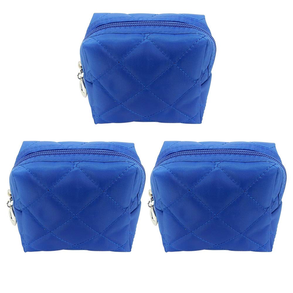 Kingsley Quilted Cosmetic Bag Set of 3 - Waterproof Travel Makeup Organizer with Zipper - Multi-Purpose Pouch for Toiletries, Coins & Jewelry - Perfect for Vacation, Gym & Daily Use - Blue