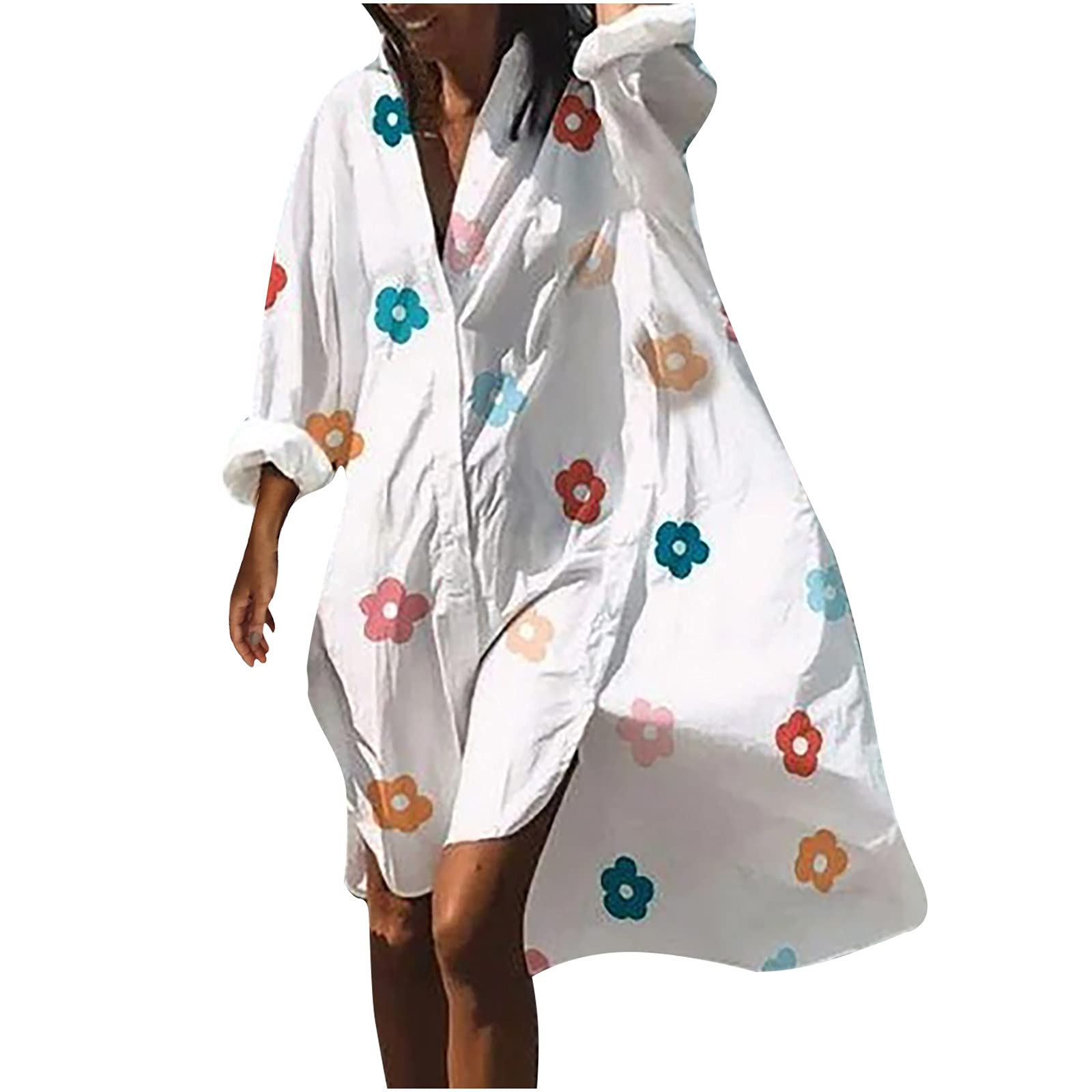 Plus Size Summer Dress for Women - Casual Long Sleeve Flowy Floral Shirt Dress with Shawl | Beach Cover Up, Vacation Outfit, Boho Chic Sundress for Outdoor Parties