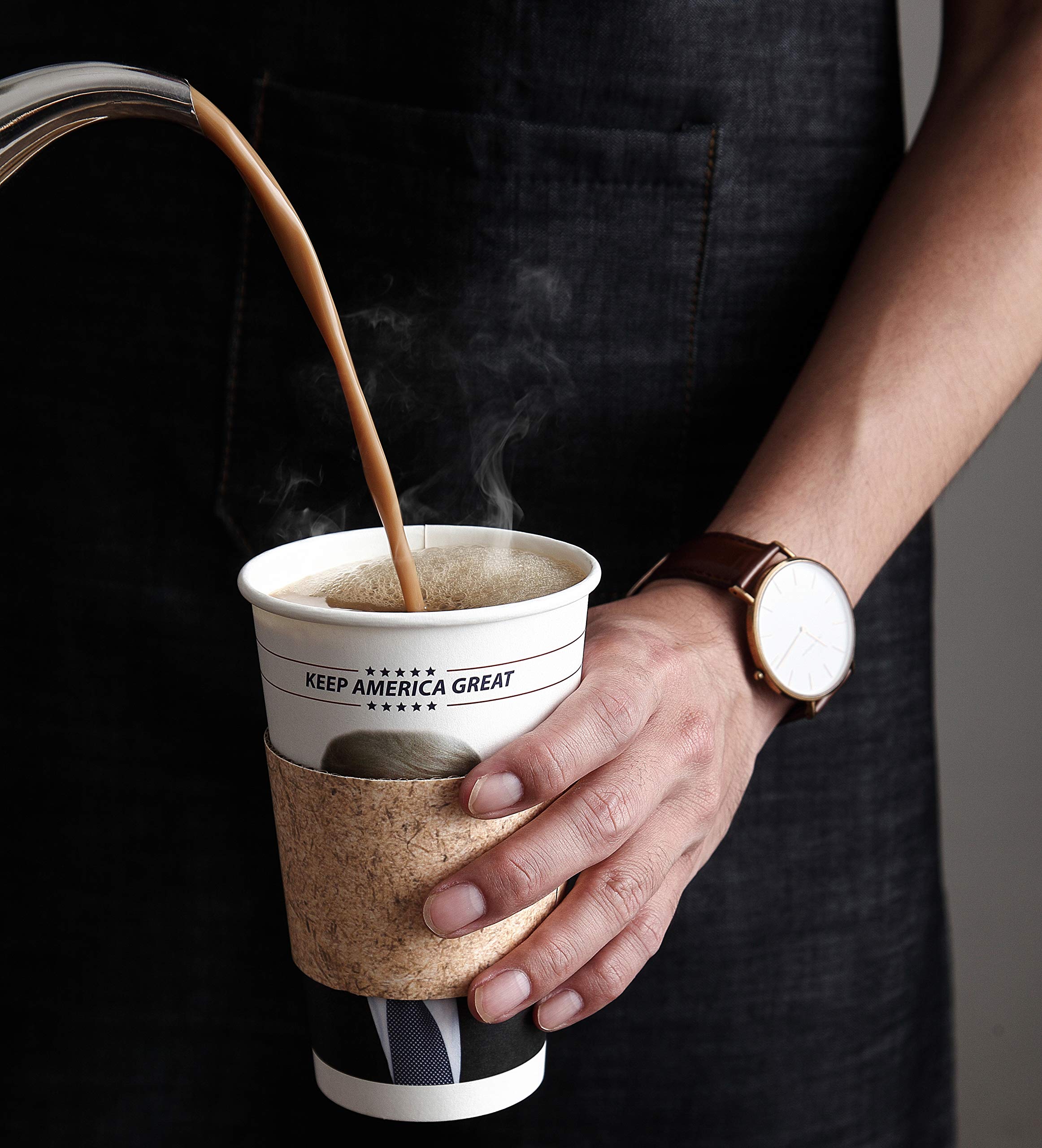 Trump Coffee Cups - 16oz Disposable Paper Travel Mugs (100-Pack) with Black Lids, Sleeves & Stirrer Straws - Perfect for Office, Cafes, Parties & On-the-Go Coffee Lovers