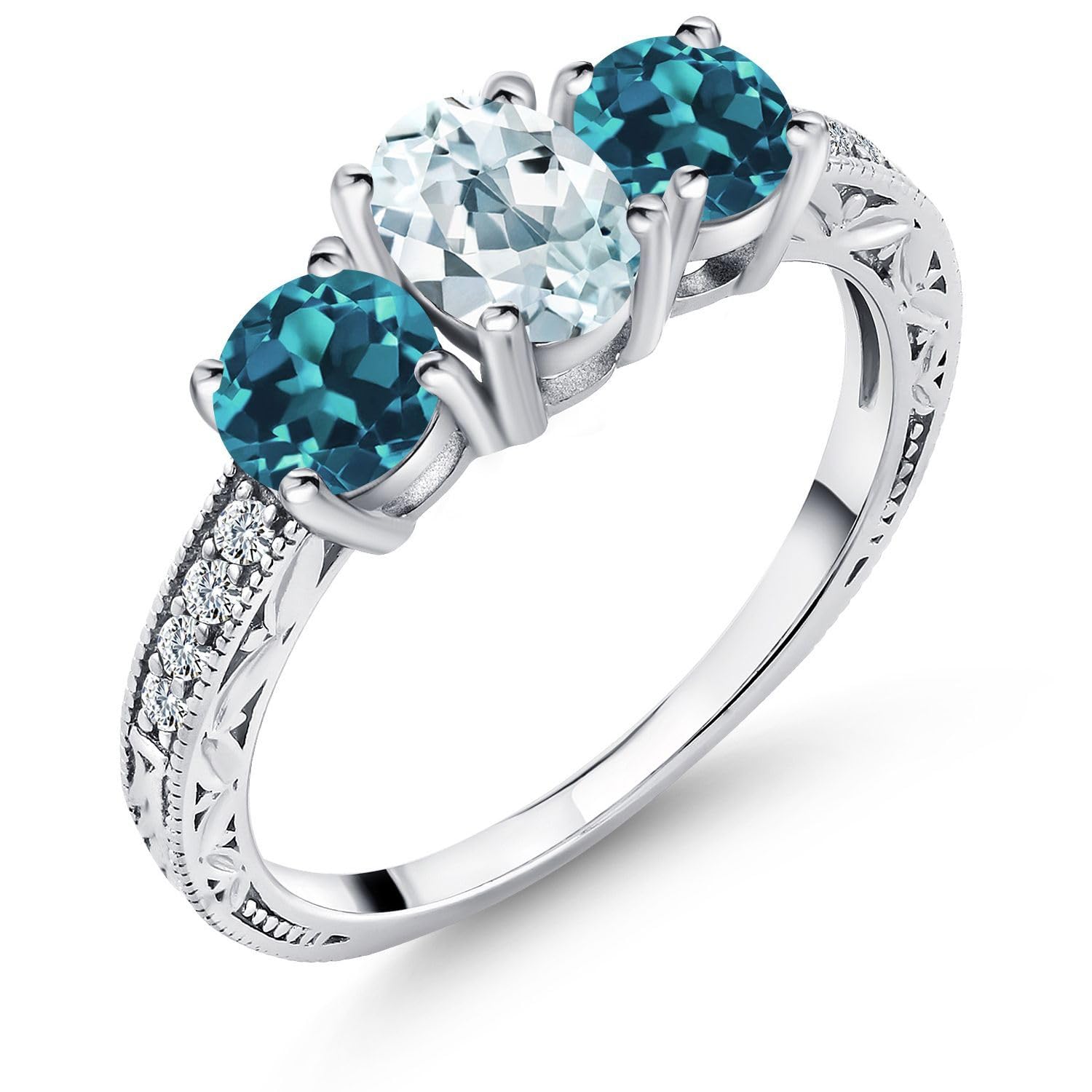 2.27 Ct Oval Sky Blue Aquamarine & London Blue Topaz Sterling Silver Ring for Women - Gem Stone King | Elegant Birthstone Jewelry Gift for Anniversary, Engagement & Special Occasions