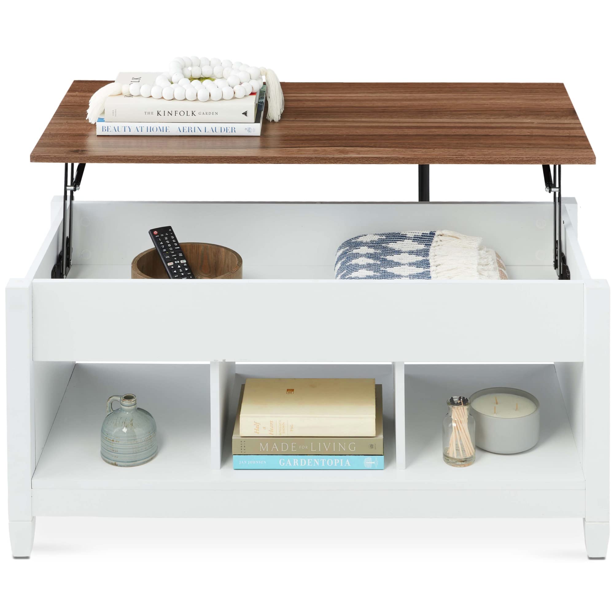 Best Lift Top Coffee Table with Hidden Storage - Solid Wood Dining & Accent Table for Living Room, Display Shelves - White/Brown - Perfect for Small Spaces & Home Organization