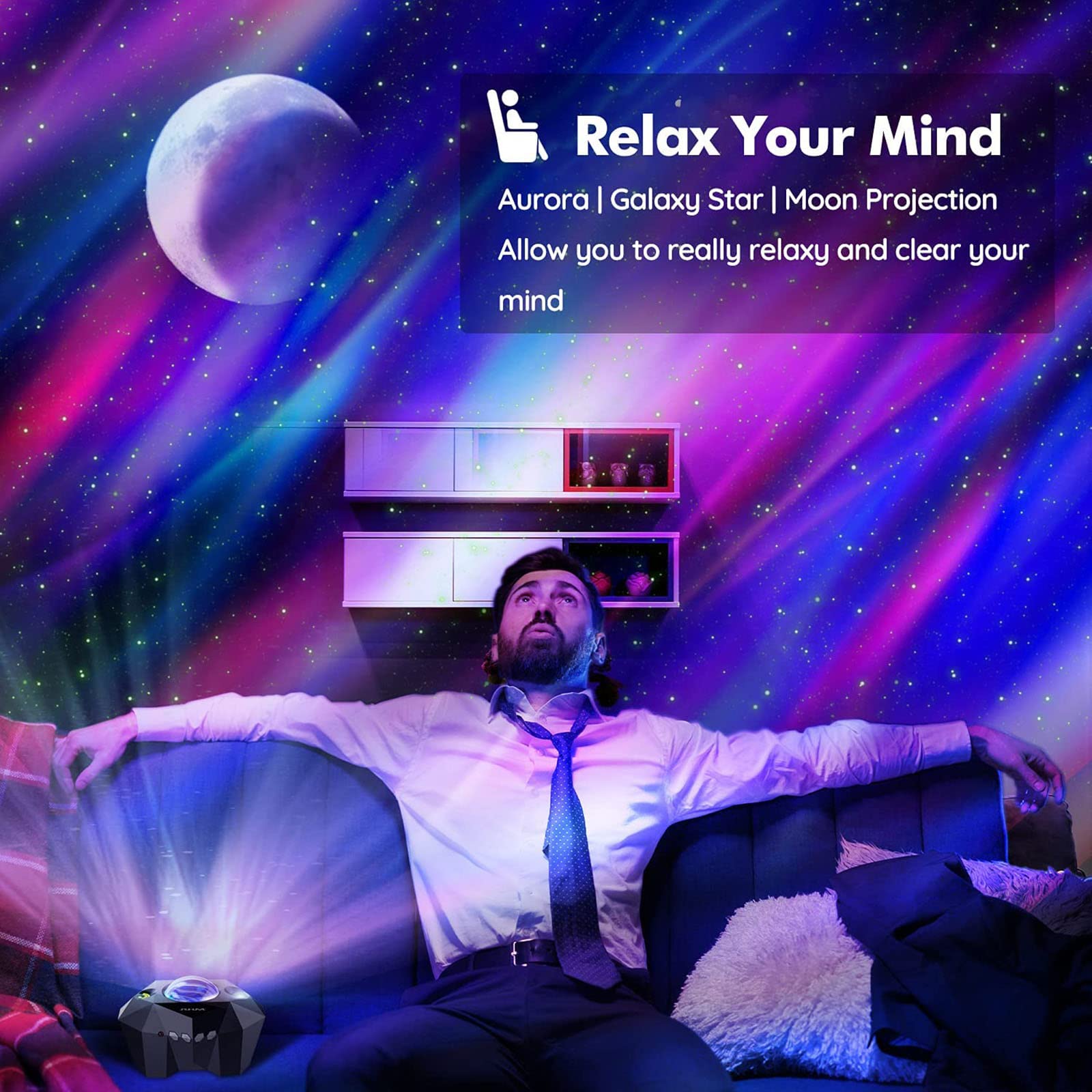 DENZED Aurora Galaxy Projector with Moon & Stars - Ambient Night Light with Bluetooth Speaker for Bedroom, Gaming Room, Home Theater | Create Relaxing Atmosphere for Sleep, Meditation & Party Decor