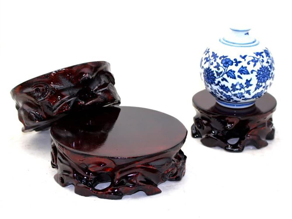 Solid Wood Rosewood Carved Vase Stand with Stone Base - 4.3 Inch Round Planter & Teapot Pedestal for Home Decor, Table Centerpiece, and Plant Display