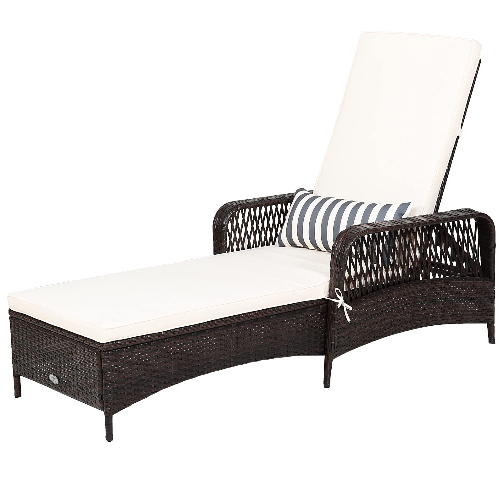 RELAX4LIFE PE Rattan Chaise Lounge - Outdoor Recliner Chair with Thick Cushion & Lumbar Pillow, 6-Position Adjustable Backrest, Non-Slip Foot Pads - Perfect for Sunbathing, Poolside Relaxation, Patio, Garden & Backyard Lounging (White)