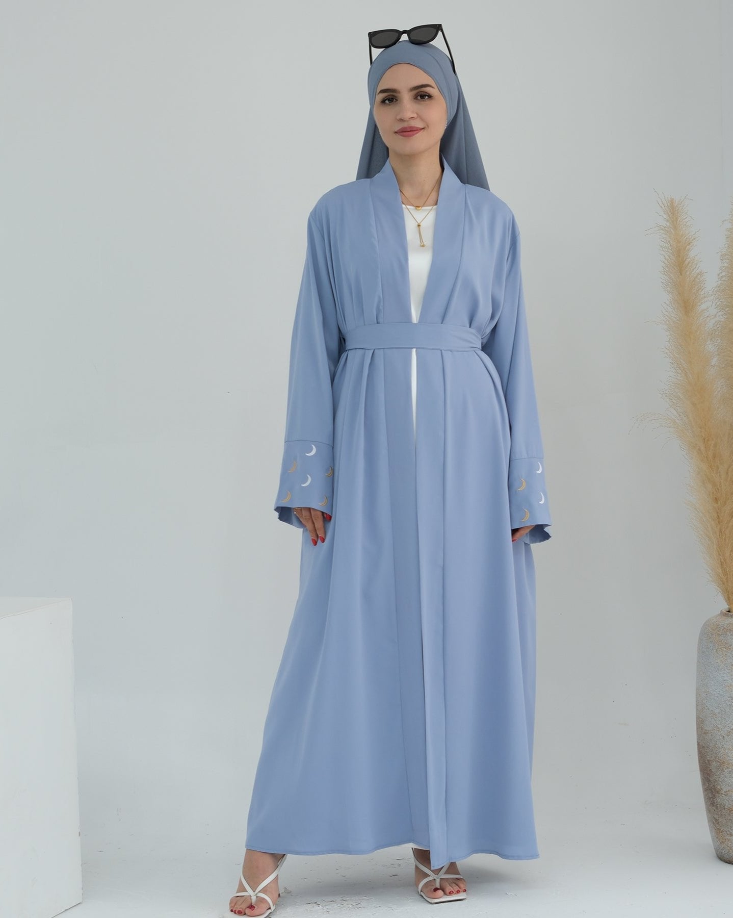 Elegant Muna Open Abaya Kimono in Blue - Modest Muslim Women's Prayer Dress for Home, Mosque & Special Occasions