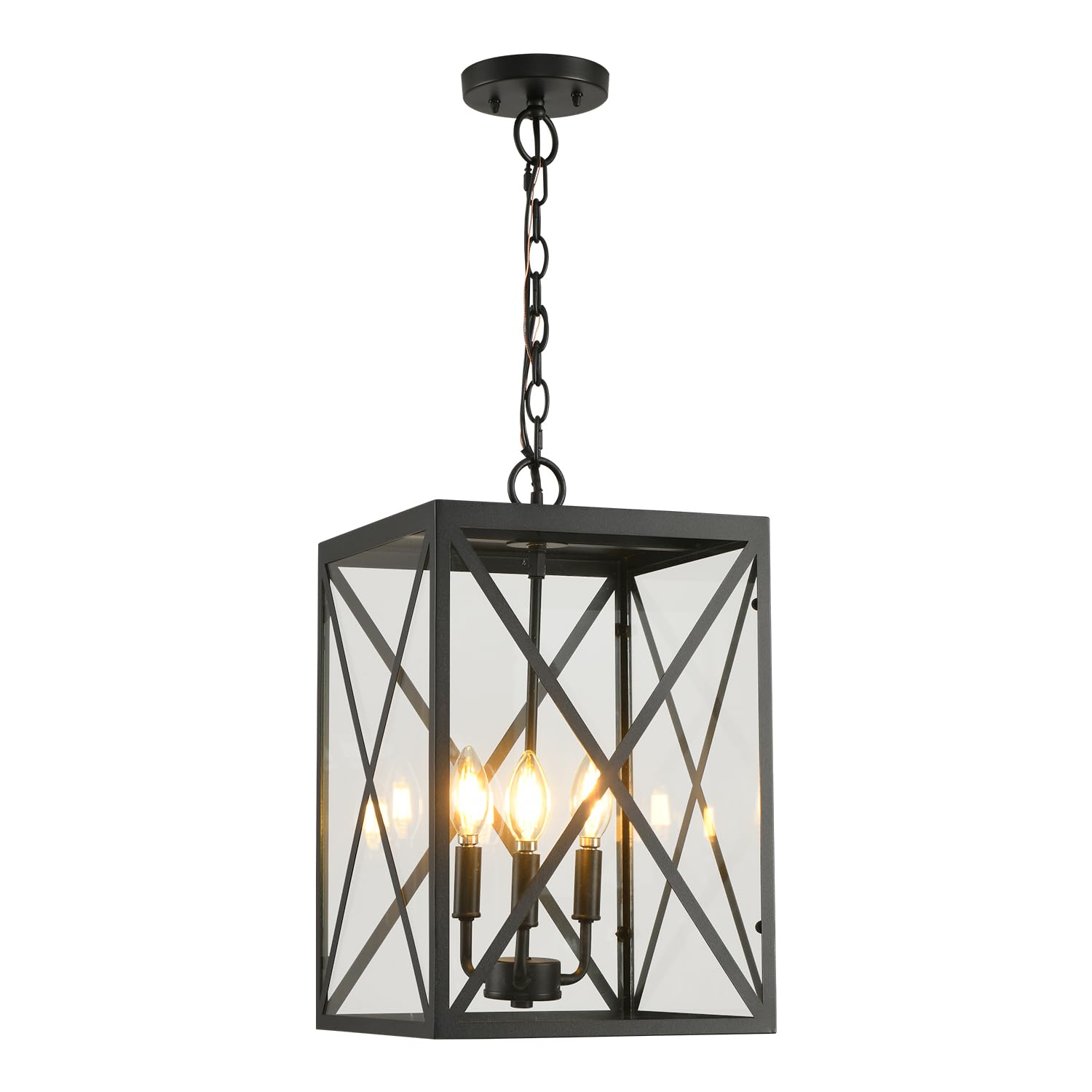 Large Outdoor Pendant Light Fixtures - 3-Light Waterproof Exterior Chandelier with Clear Glass & Adjustable Hanging - Matte Black Finish for Patio, Porch, Entryway - Perfect for Outdoor Dining, Garden Decor and Front Door Lighting