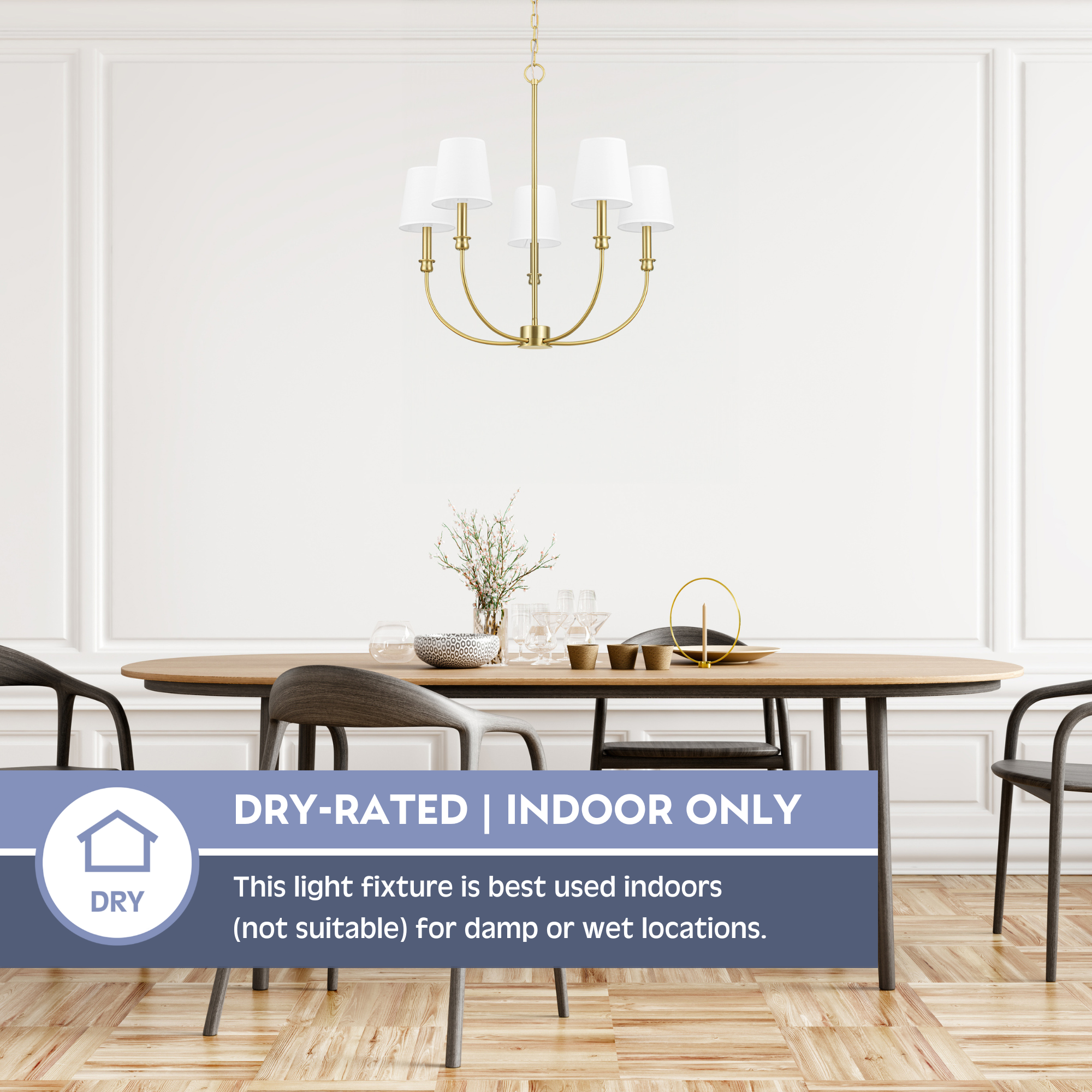 5-Light Brushed Gold Billet Chandelier with Fabric Shades - Modern Ceiling Light Fixture for Dining Room, Living Room, Bedroom & Foyer Decor