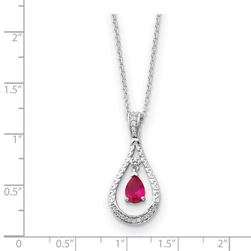 July Birthstone Pendant Necklace for Women - Red CZ 'Never Forget Tear' Charm in Rhodium-Plated Sterling Silver, 18