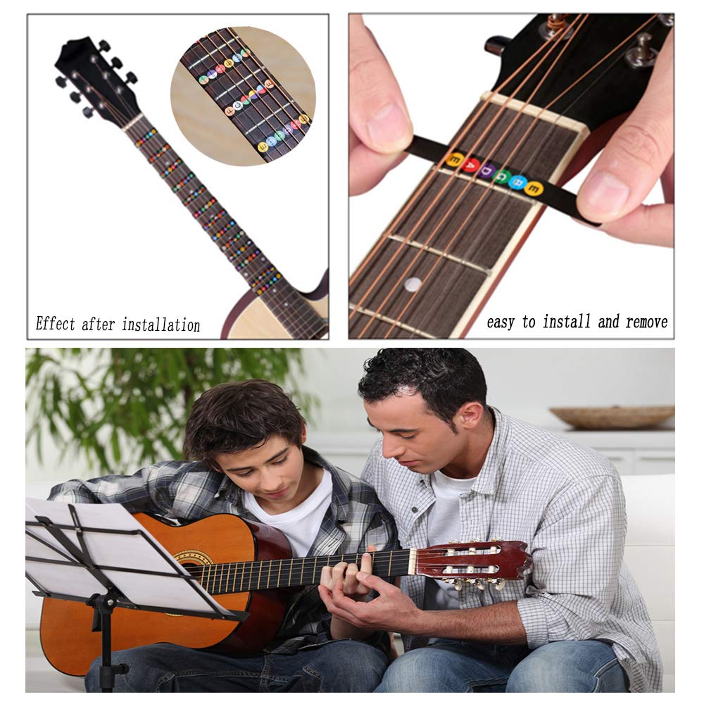 Color-Coded Guitar Fretboard Stickers for Beginners - Note Decals with Fingerboard Frets Map for 6-String Acoustic & Electric Guitars - Includes 5 Guitar Picks & Bridge Pin Puller - Perfect for Learning, Practice & Music Lessons