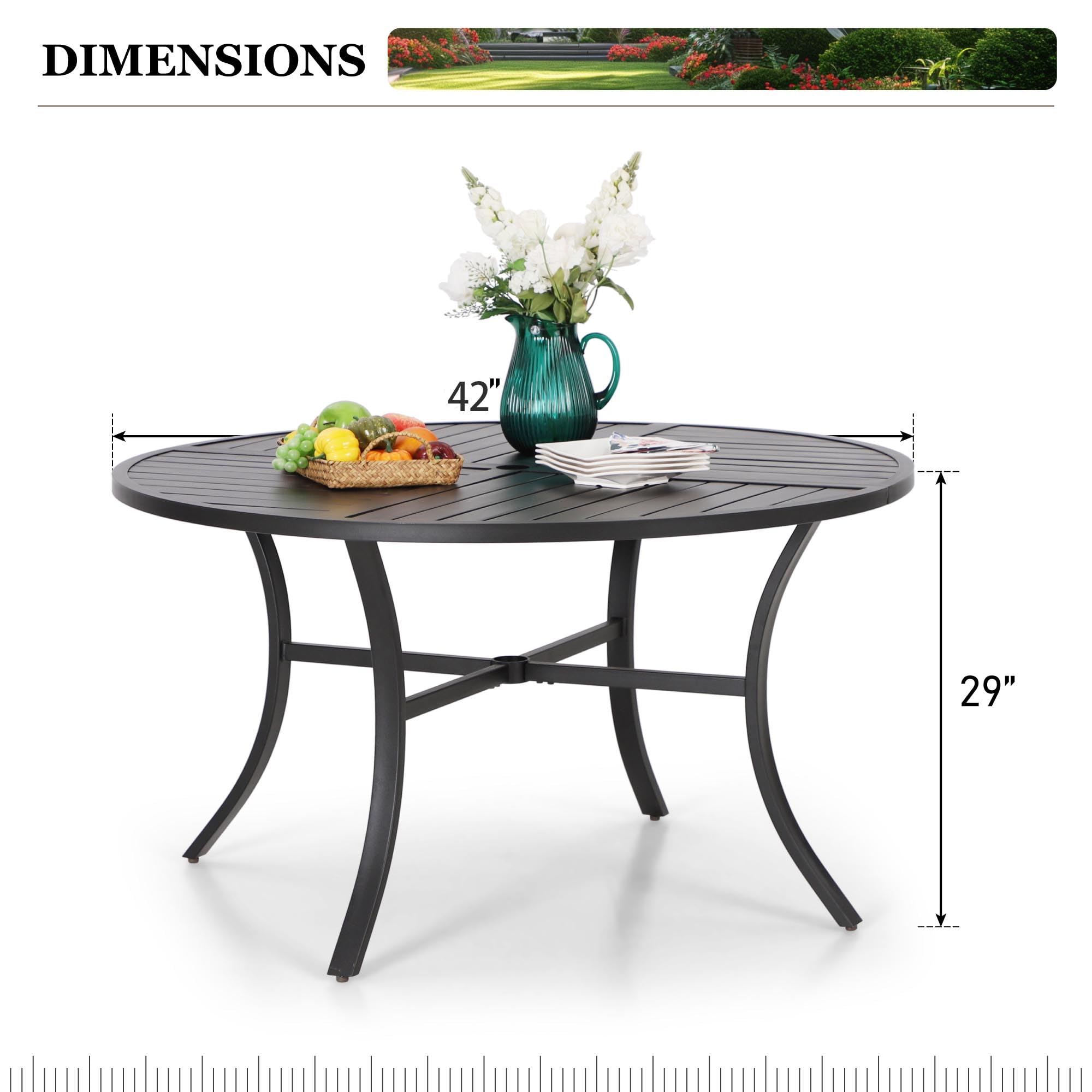 HERA'S HOUSE 42 Inch Round Outdoor Patio Dining Table with Umbrella Hole - Black Metal Garden Table for 4 People - Perfect for Backyard, Lawn, Garden & Poolside Gatherings