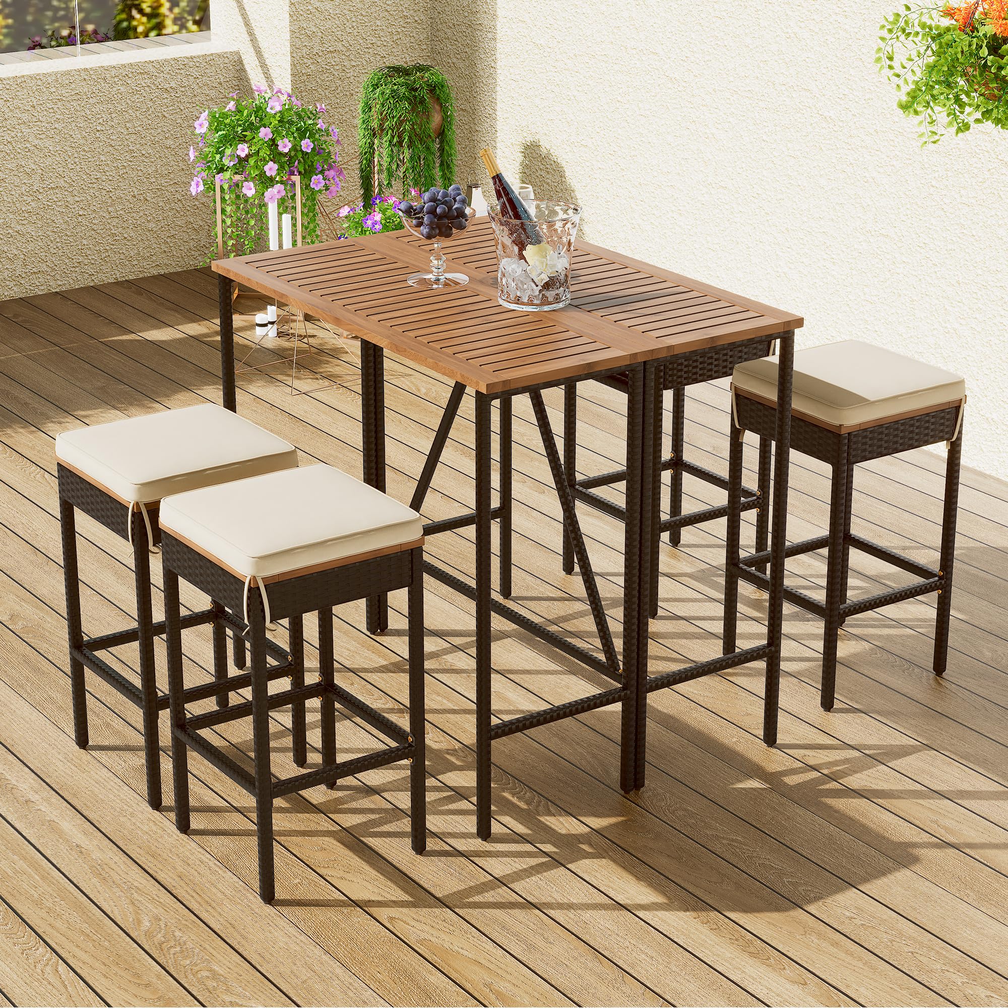Quarte Modern 5-Piece Outdoor Patio Dining Set - PE Rattan Wicker Bar Set with 4 Square Stools & Acacia Wood Foldable Tabletop - High-Dining Bistro Set for Garden, Backyard, Balcony & Poolside Entertaining
