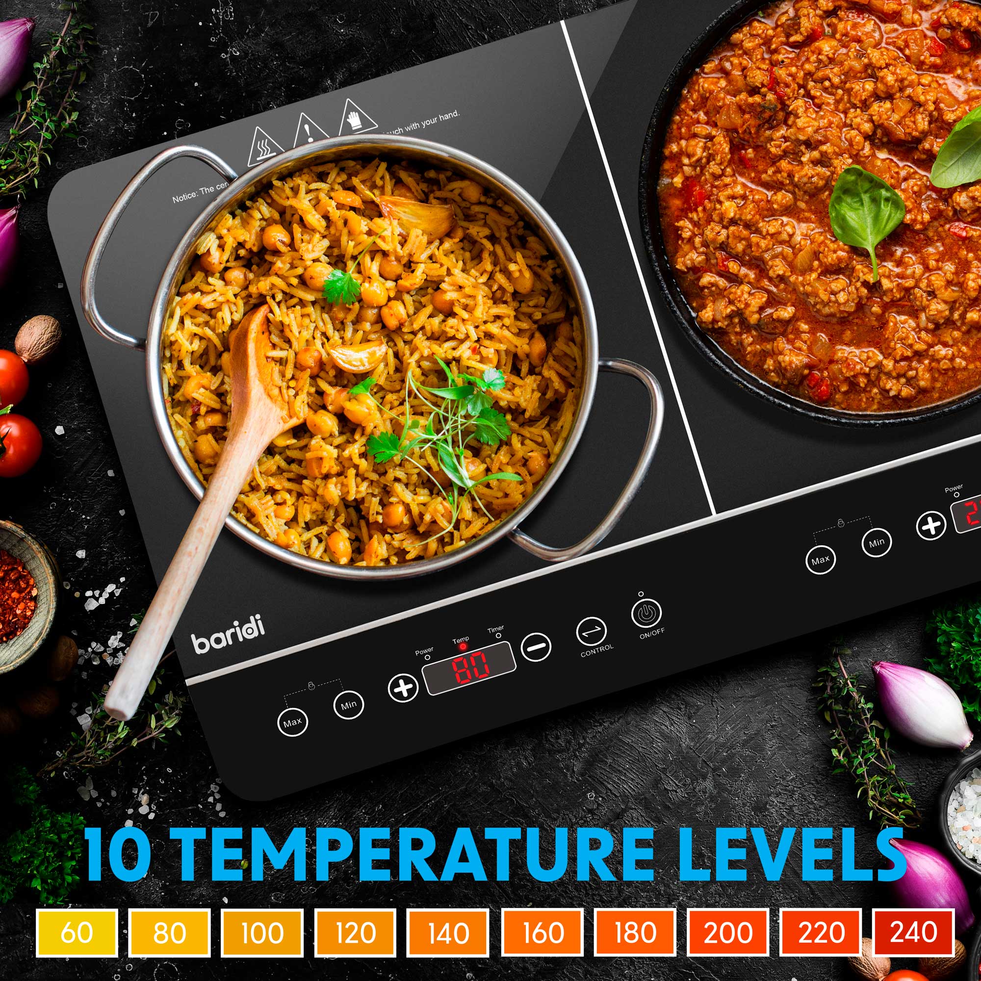 Baridi Portable Induction Cooktop - 2 Burner, 2800W, 10 Power Levels with Timer, Black DH146 | Perfect for Small Kitchens, Dorms, RVs & Outdoor Cooking