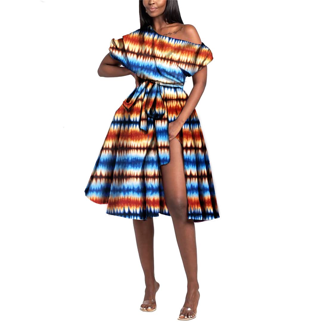 Stylish African Print Off Shoulder High Waist Party Dress for Women - Plus Size with Belt (XL) | Perfect for Weddings, Cultural Events & Special Occasions
