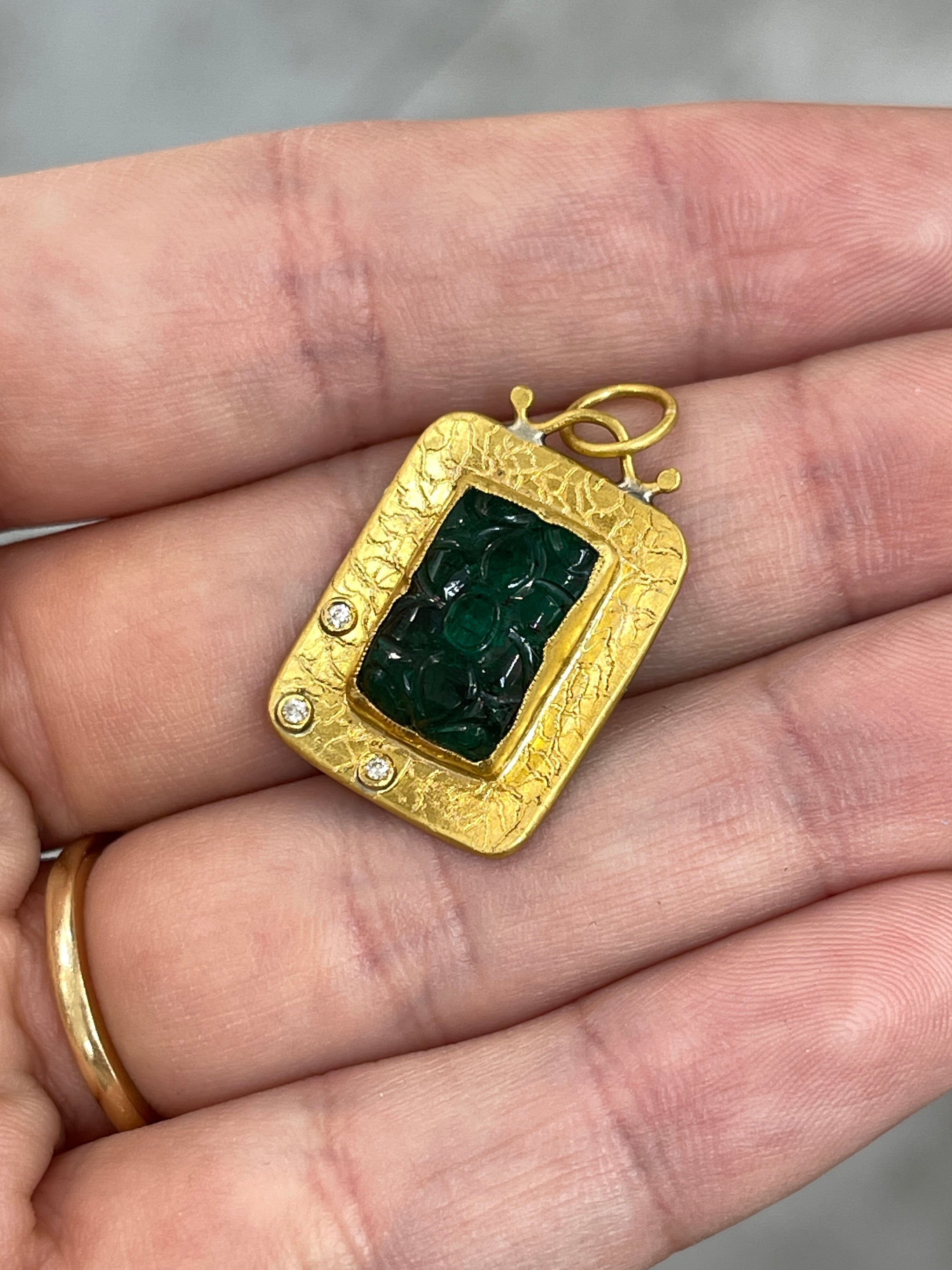 6.35 Carat Floral Hand-Carved Emerald & Diamond 24K Gold Pendant Necklace for Women | Elegant Jewelry Gift for Anniversary, Wedding & Special Occasions