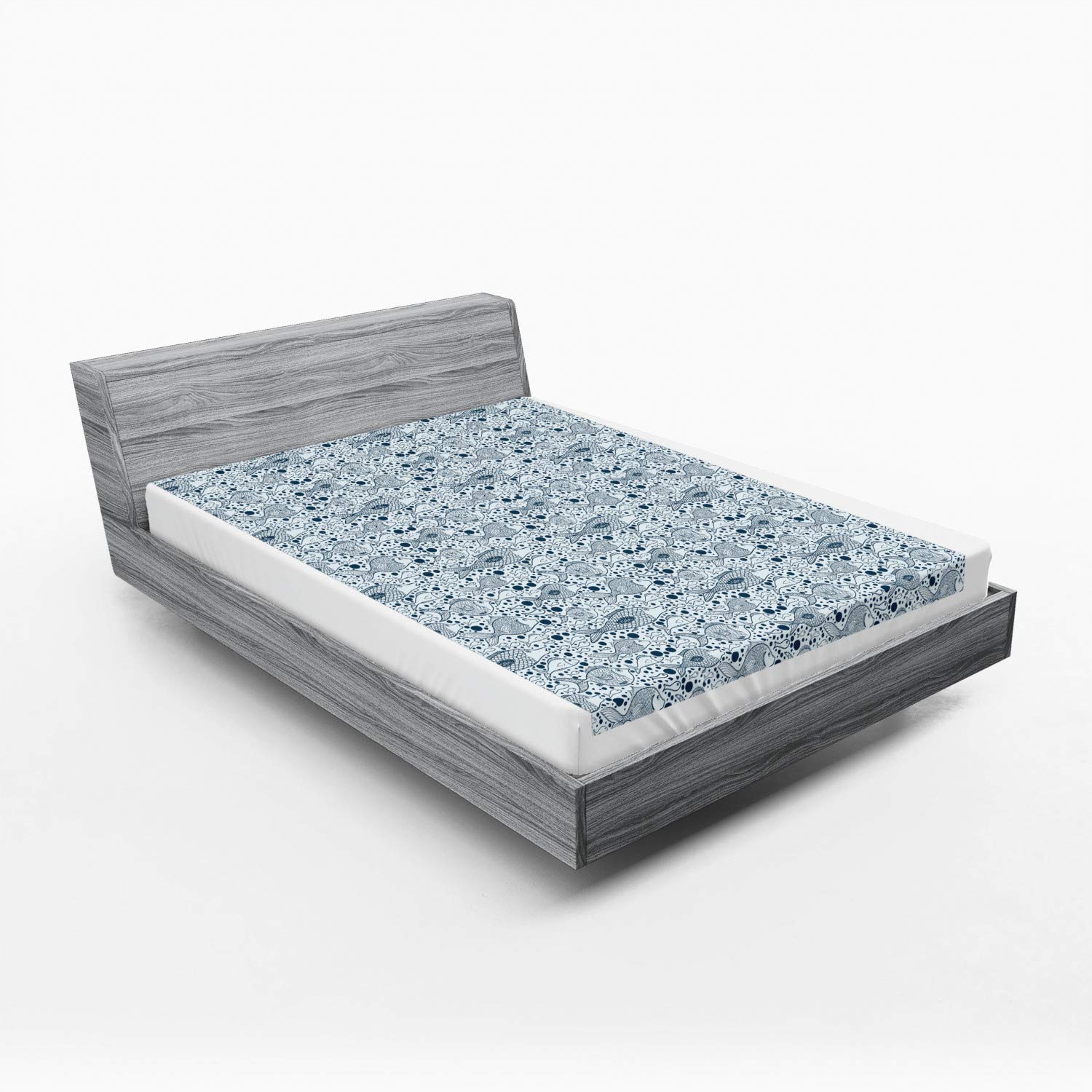 Ambesonne Blue Fitted Queen Sheet - Underwater Fish & Bubbles Sea Life Design, Deep Pocket Elastic All Around - Perfect for Guest Rooms, Beach Houses & Ocean-Themed Bedrooms