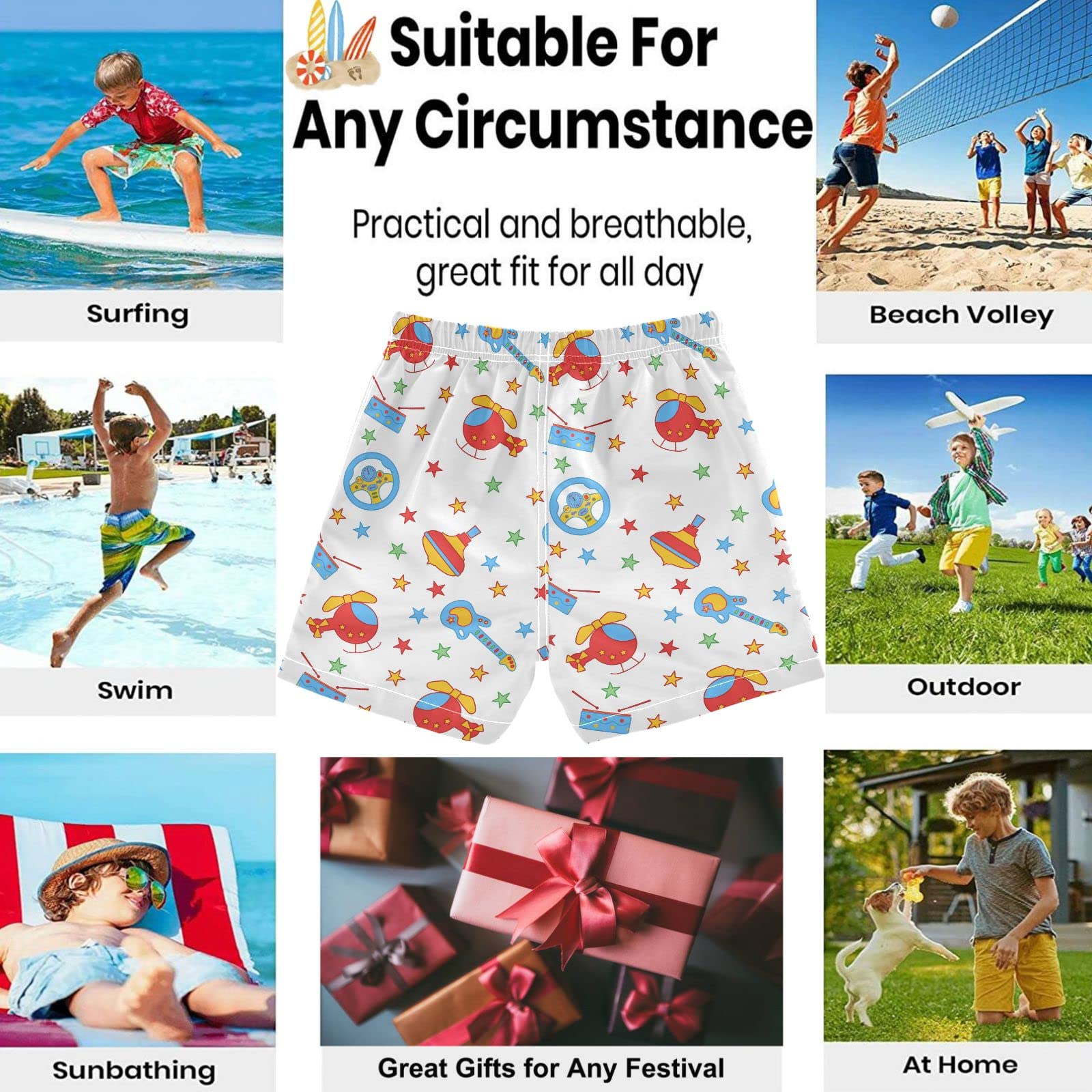 Visesunny Boys Swim Trunks - Helicopter Drum Guitar Toy Wheel Star Print Toddler Bathing Suit, Quick-Dry Sports Board Shorts for Kids Beach, Pool & Summer Water Play