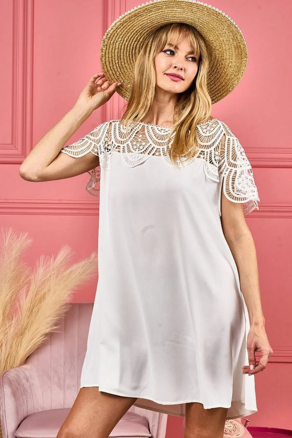 BiBi Crochet Lace Yoke Detailed Wrinkled Top - Women's Boho Chic Blouse for Casual Outings & Summer Festivals