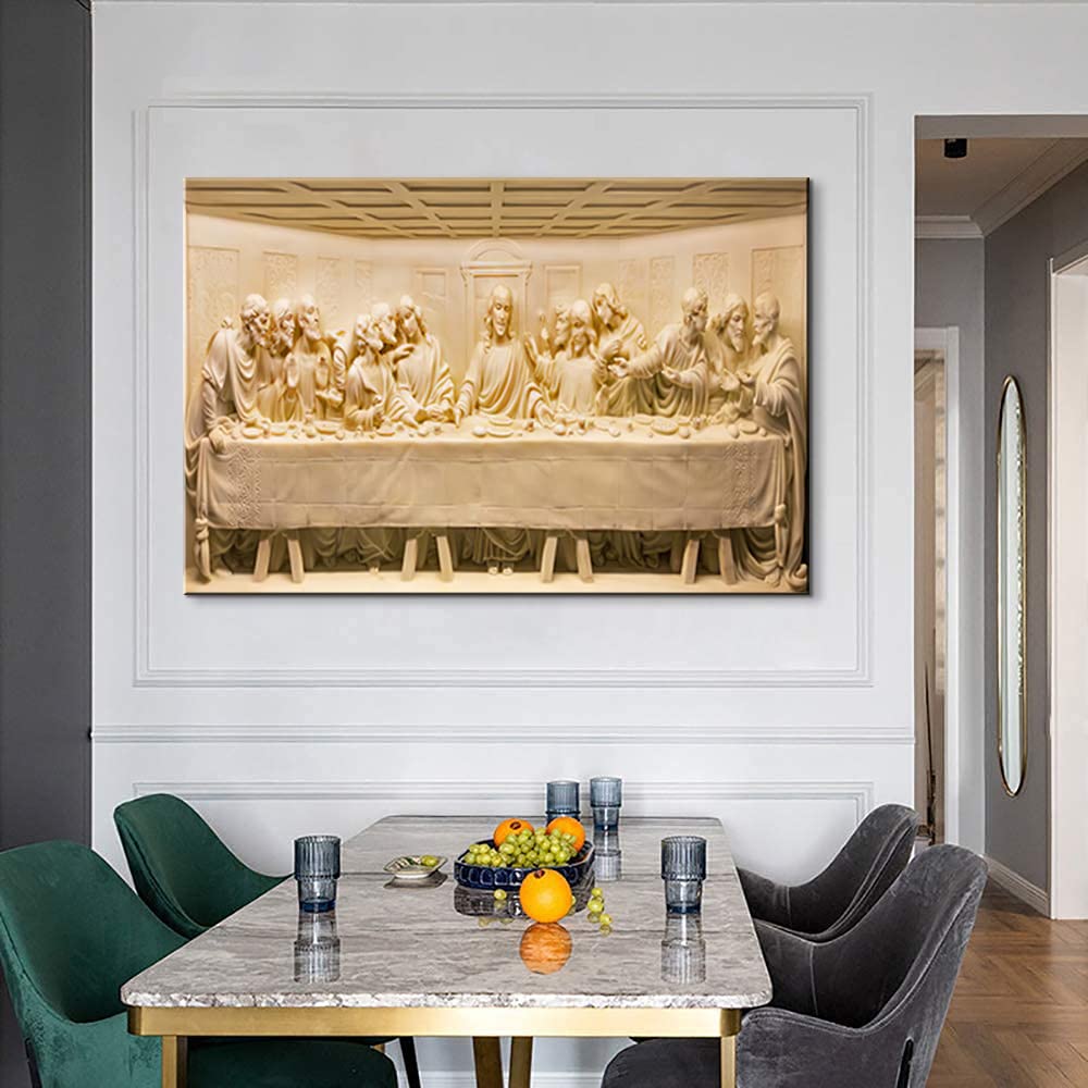 Modern Jesus Painting - The Last Supper Carved Stone Canvas Wall Art - Christian Religious Decor Framed Ready to Hang - Perfect for Dining Room, Church & Home Decor (28x40 Inches)