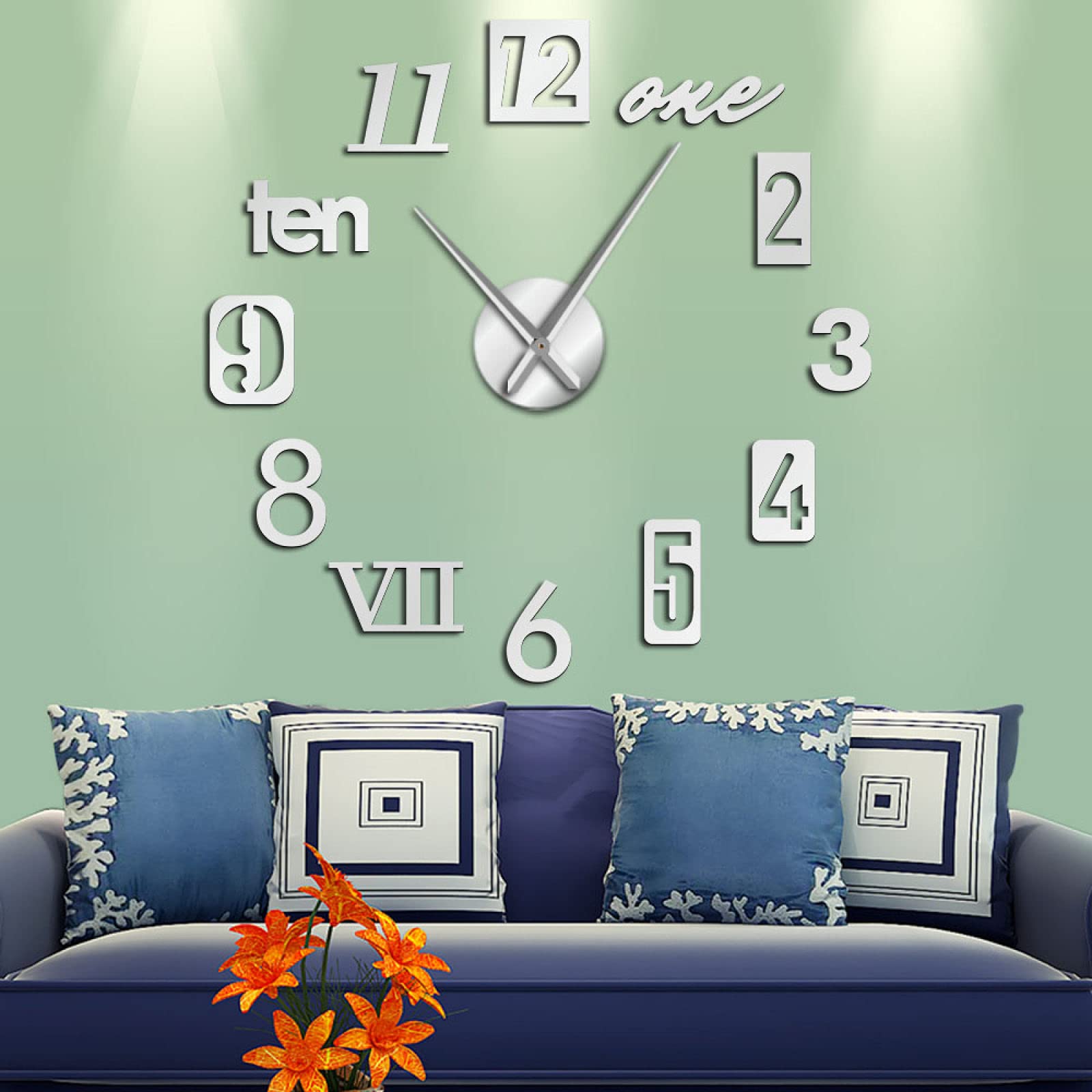 Lrenkey DIY Wall Clocks - 47 Inch Large Modern Wall Clock with English, Arabic & Roman Numerals - Acrylic Mirror Effect Stickers for Custom Giant Wall Art (Silver) | Perfect for Home Decor, Office & Living Room Wall Accents
