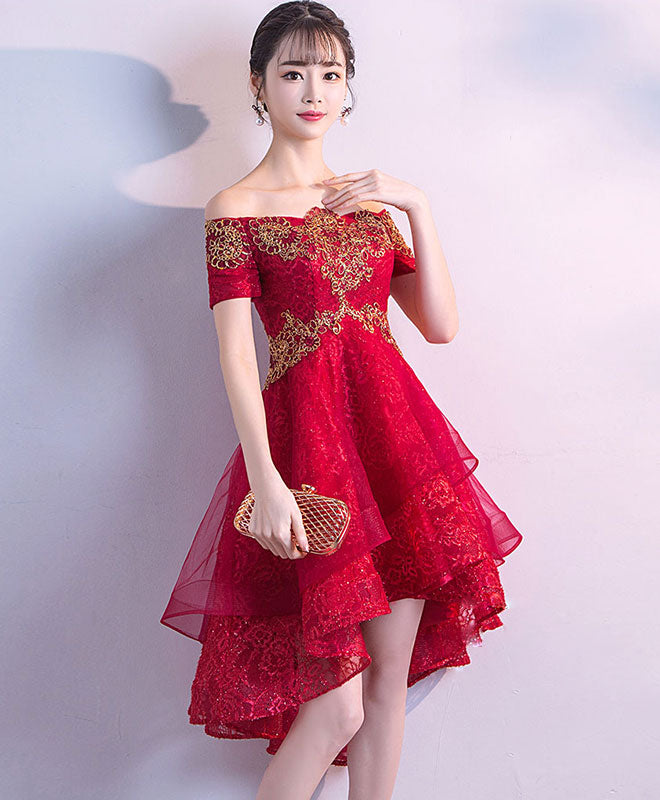 Elegant Burgundy Tulle Lace High-Low Prom Dress for Women | Homecoming Party Gown | Perfect for Formal Dances, Evening Events & Special Occasions