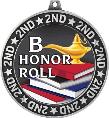 B Honor Roll Second Place Medals - 2 3/4 Inch Silver Plated Academic Achievement Award Trophy for Students | Perfect for School Ceremonies, Graduations & Academic Competitions