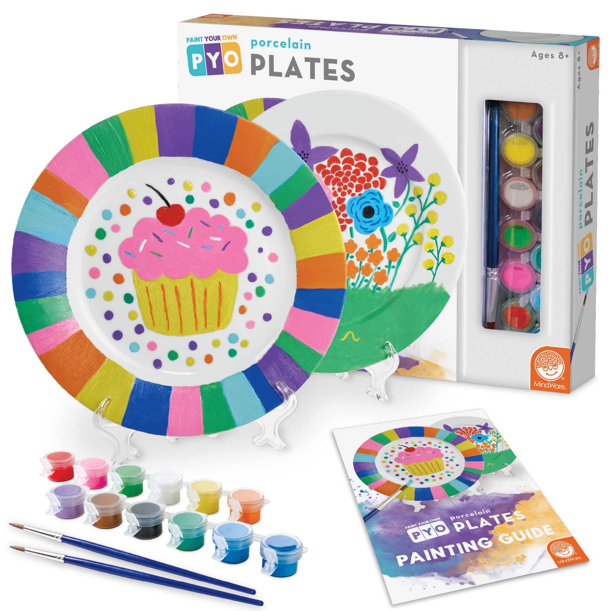 MindWare DIY Porcelain Painting Kit - 2 White Plates, 12 Vibrant Paints, 2 Brushes & Display Stands for Kids & Adults - Perfect for Birthday Gifts, Family Craft Night & Home Decor Projects