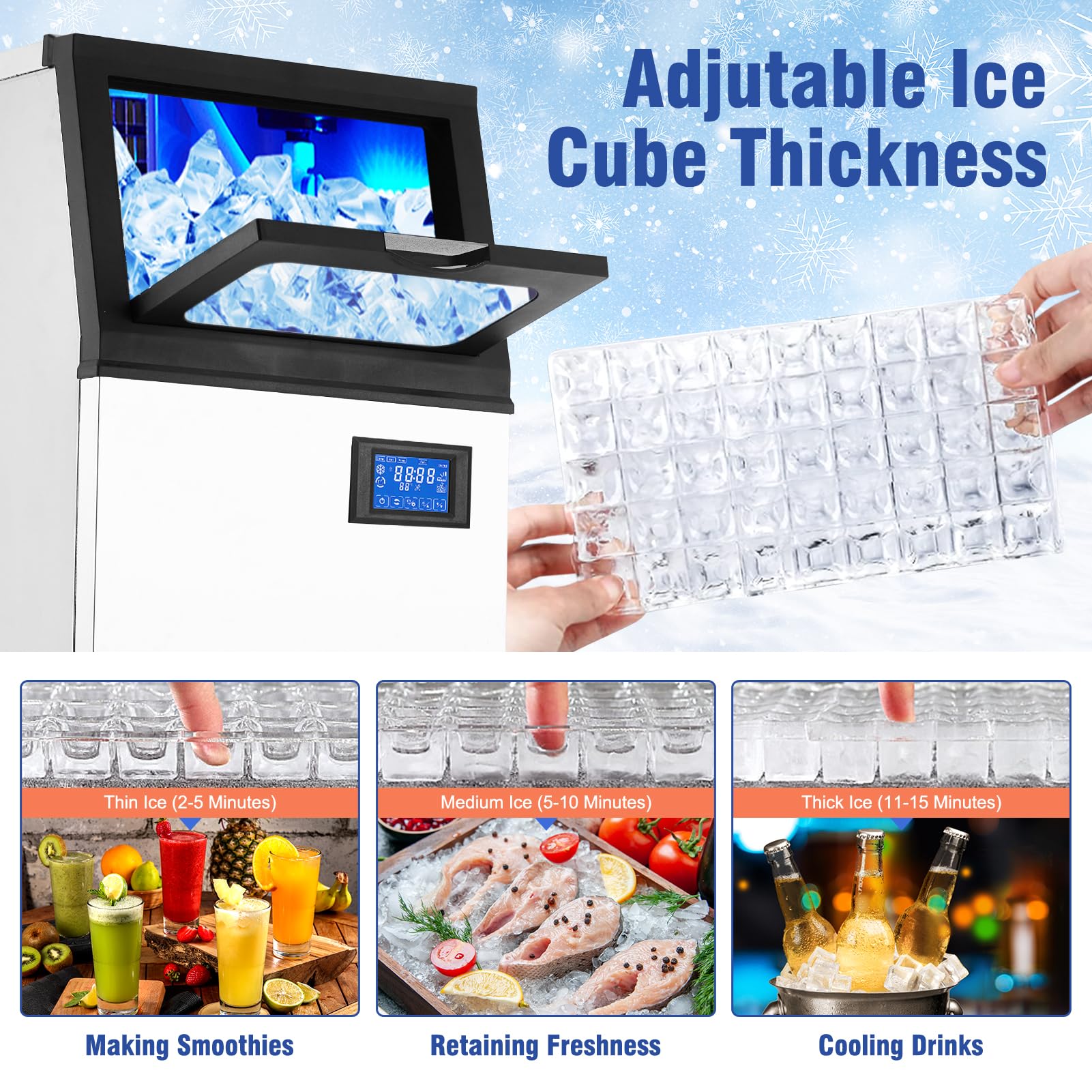 Commercial Ice Maker Machine - 90LBS/24H, 33LBS Storage Bin, Makes 4x10 Cubes in 15 Mins, 210W 120V Stainless Steel, Self-Cleaning - Perfect for Home Bars, Restaurants, and Outdoor Parties