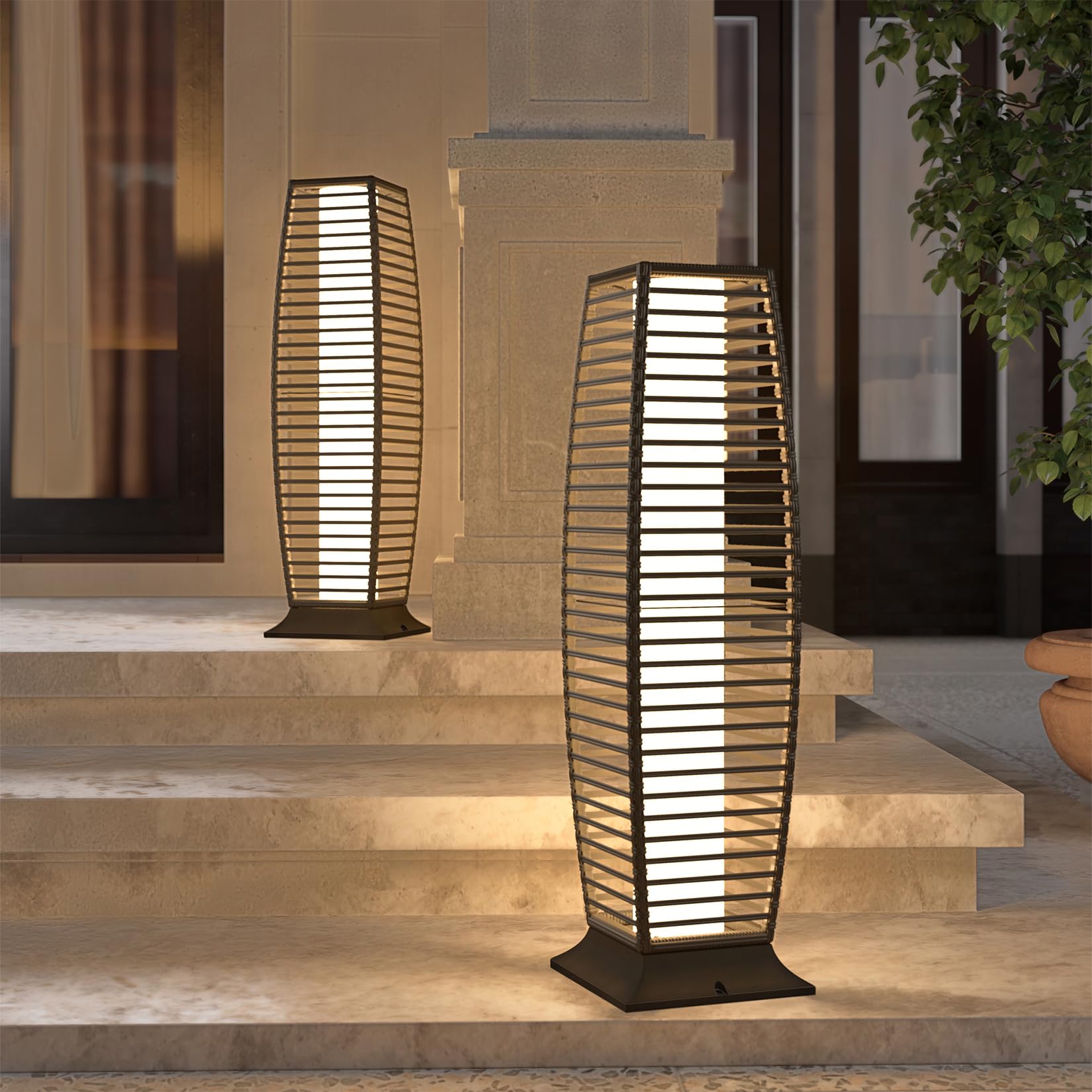Grand Patio 2-Piece Solar Powered Outdoor Floor Lamp - Waterproof Wicker Boho Lanterns for Garden, Porch & Deck Lighting - Large Crossover Design for Backyard, Patio & Poolside Decor