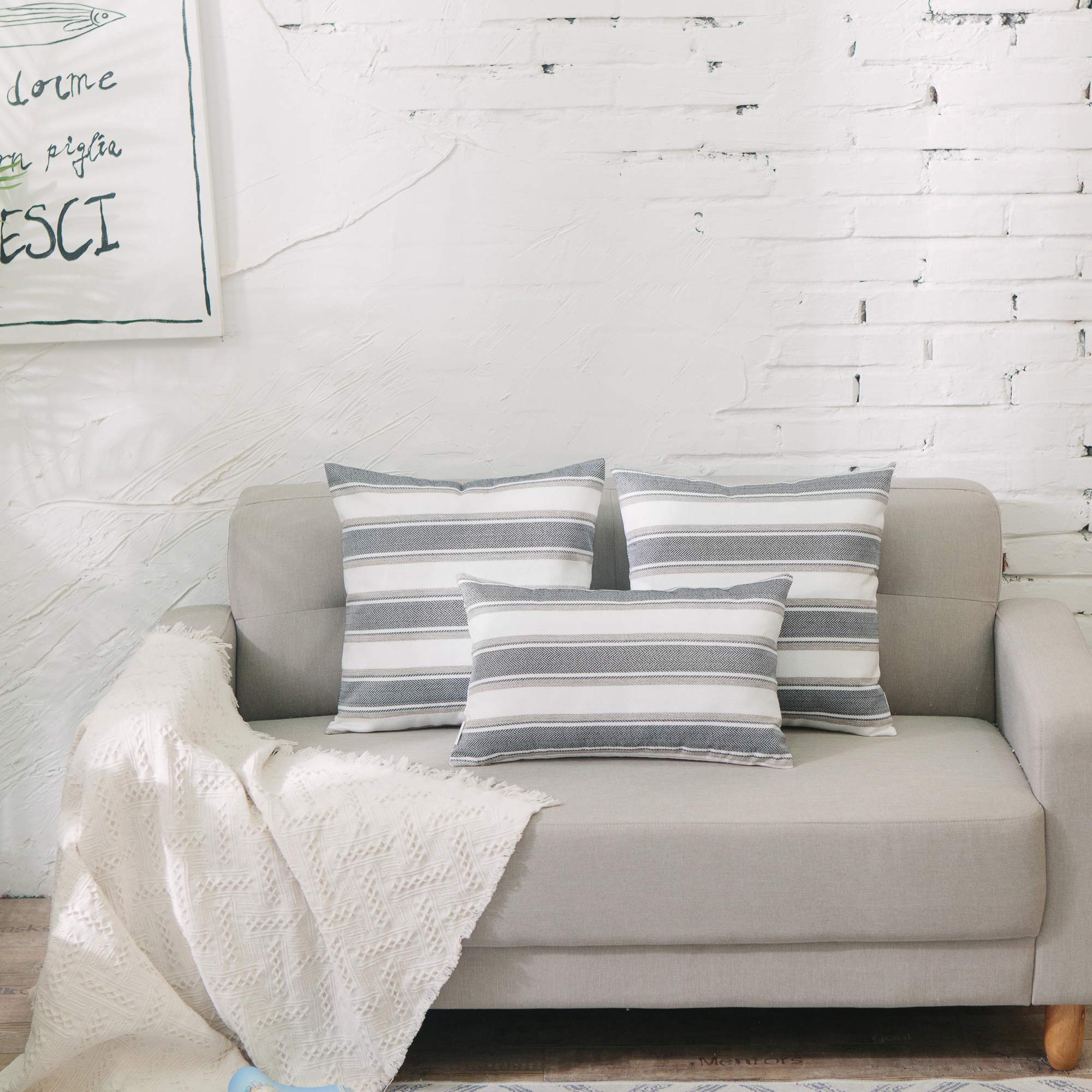 Soft Faux Linen Decorative Throw Pillow Cover - Black & White Striped Lumbar Cushion Case with Hidden Zipper (12x18 Inch) for Bed, Sofa, Car & Home Decor