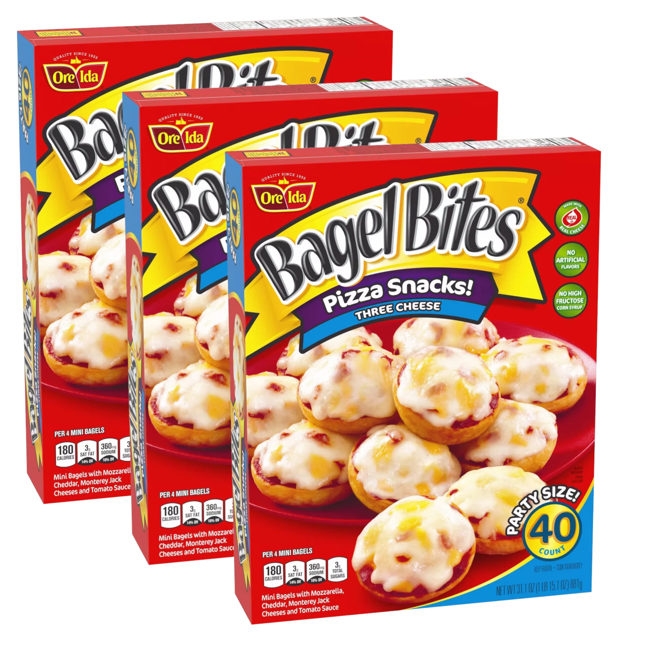 Bagel Bites Three Cheese Frozen Pizza Snacks - Mozzarella, Cheddar & Monterey Jack Cheese (3-Pack, 31.1oz/40ct, Total 120 Bites) | Party Size, Ready to Bake | Supports Donate A Meal Program | Perfect for Game Nights, Kids' Snacks & Quick Meals