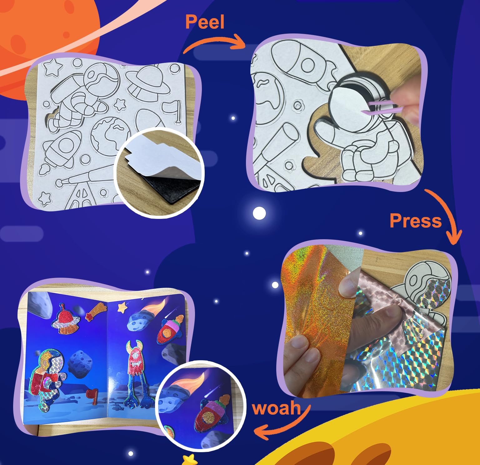 FIDRTH Space Themed Foil Art Kit for Kids - No Mess DIY Sticker Craft Activity, Creative Paper Art Supplies for Ages 4-9, Perfect Travel Toy & Birthday Gift for Boys and Girls - Fun for Home, Classroom & Road Trips