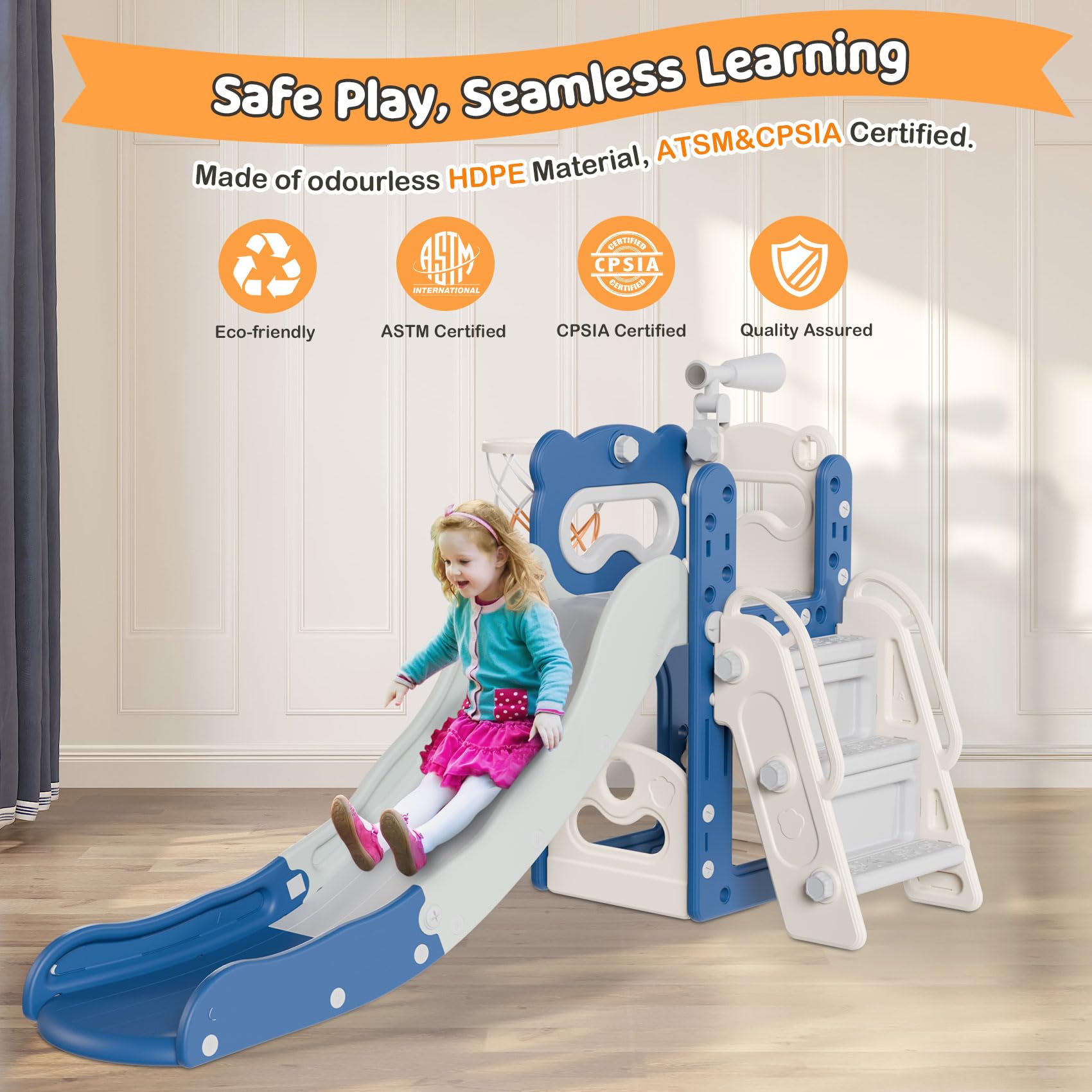 **Babytronic 6-in-1 Toddler Slide & Playset for Kids Ages 1-3 – Indoor & Outdoor Slide with Basketball Hoop & Telescope – Blue & Gray – Perfect for Playrooms, Backyards & Daycares**