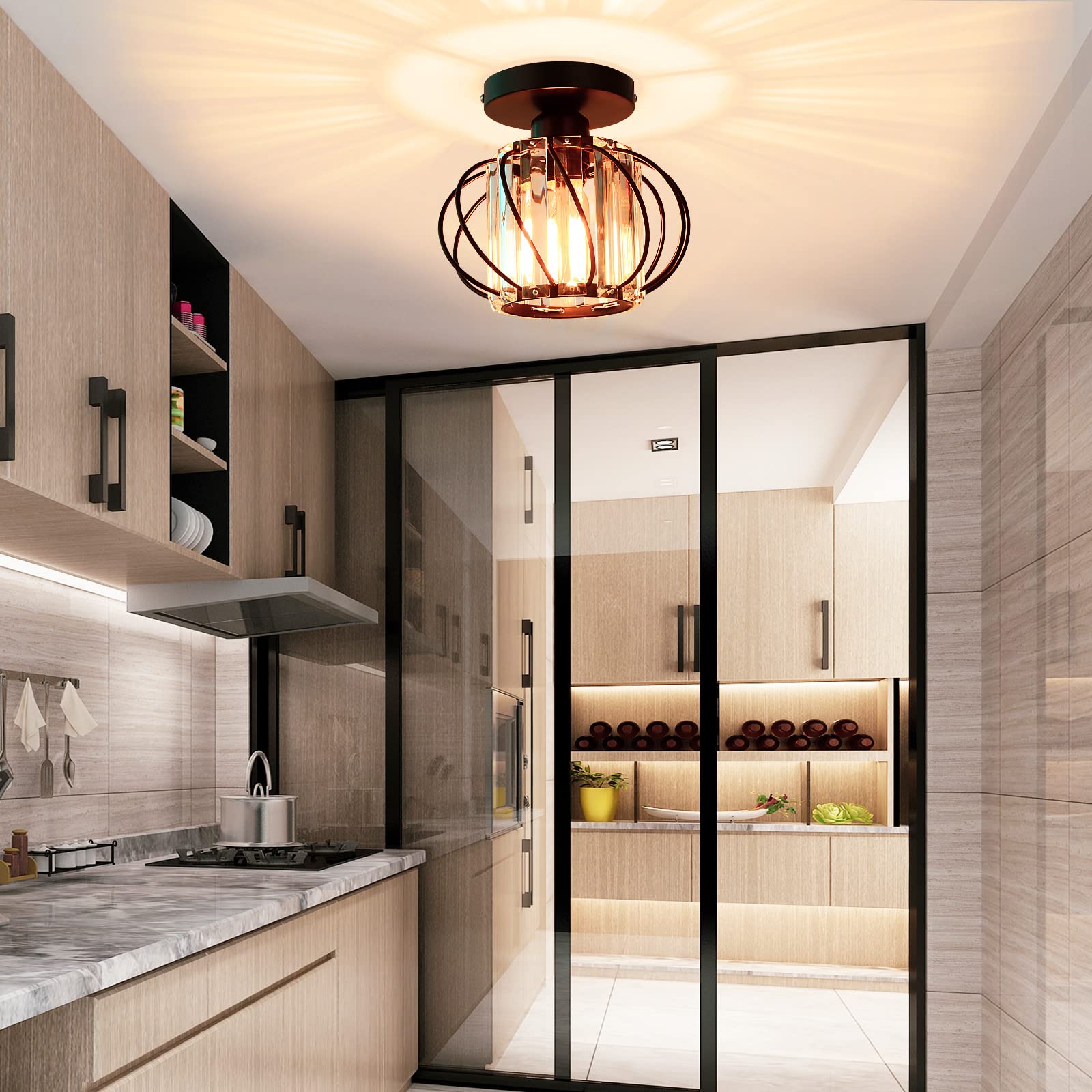 2-Pack Semi Flush Mount Ceiling Light - Small Crystal Chandelier Fixtures with Black Metal Cage, Modern Lighting for Bedroom, Hallway, Entryway, Porch & Kitchen - Elegant Home & Office Decor